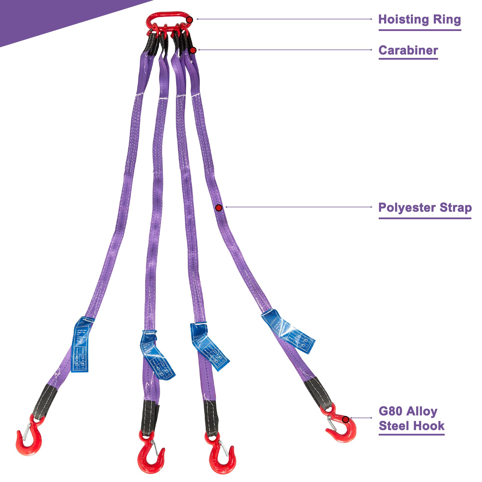 Pindex Cinghia di sollevamento a catena da 1,5 m 3t per sollevamento, cinghia in poliestere da 2998,2 kg con catena di sollevamento con gancio e regolatore, in lega di acciaio G80, 4 gambe, lunghezza