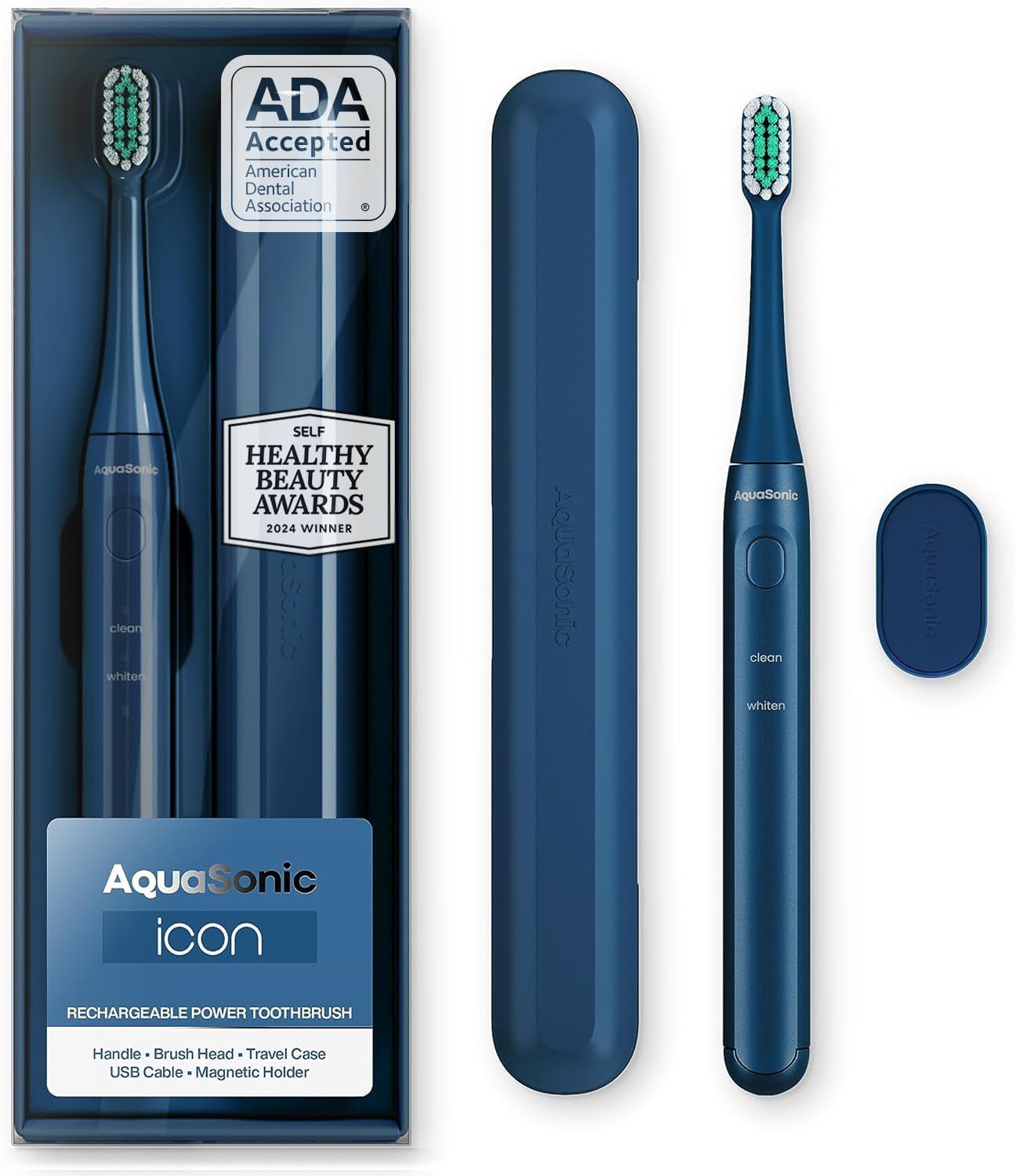 Aquasonic Icon Rechargeable Brush with Magnetic Holder and Slim Travel Case | 2 Modes & Smart Timers | Navy