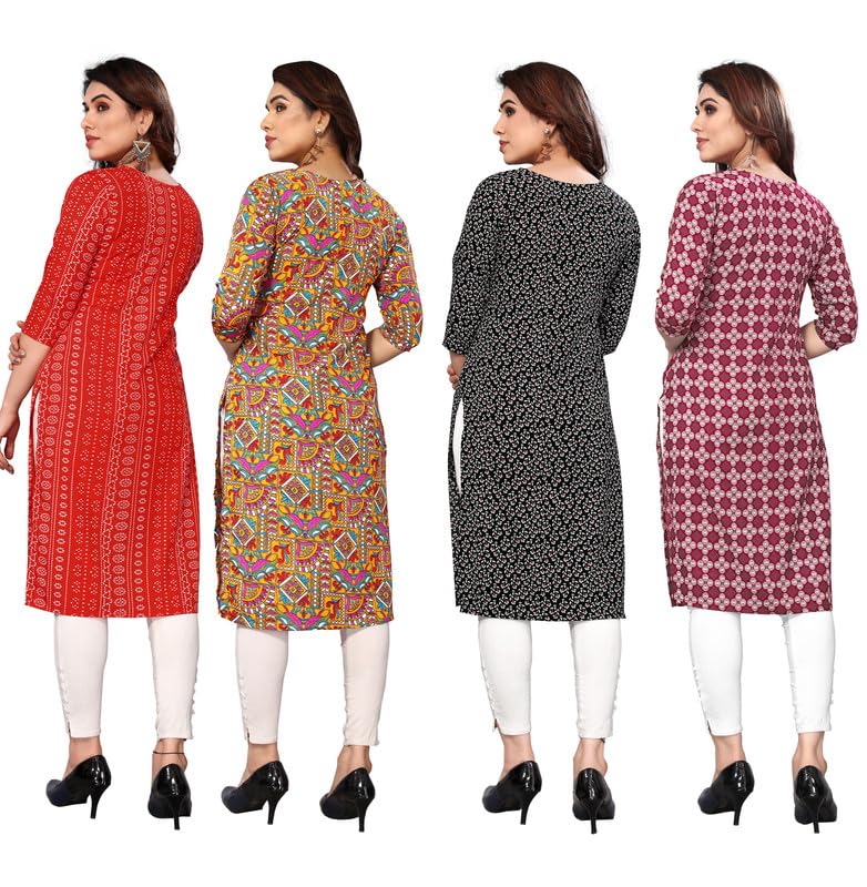 Image of JAKHANA Women's Crepe Printed Casual Straight Calf Length Round Nick Kurta Pack of 4