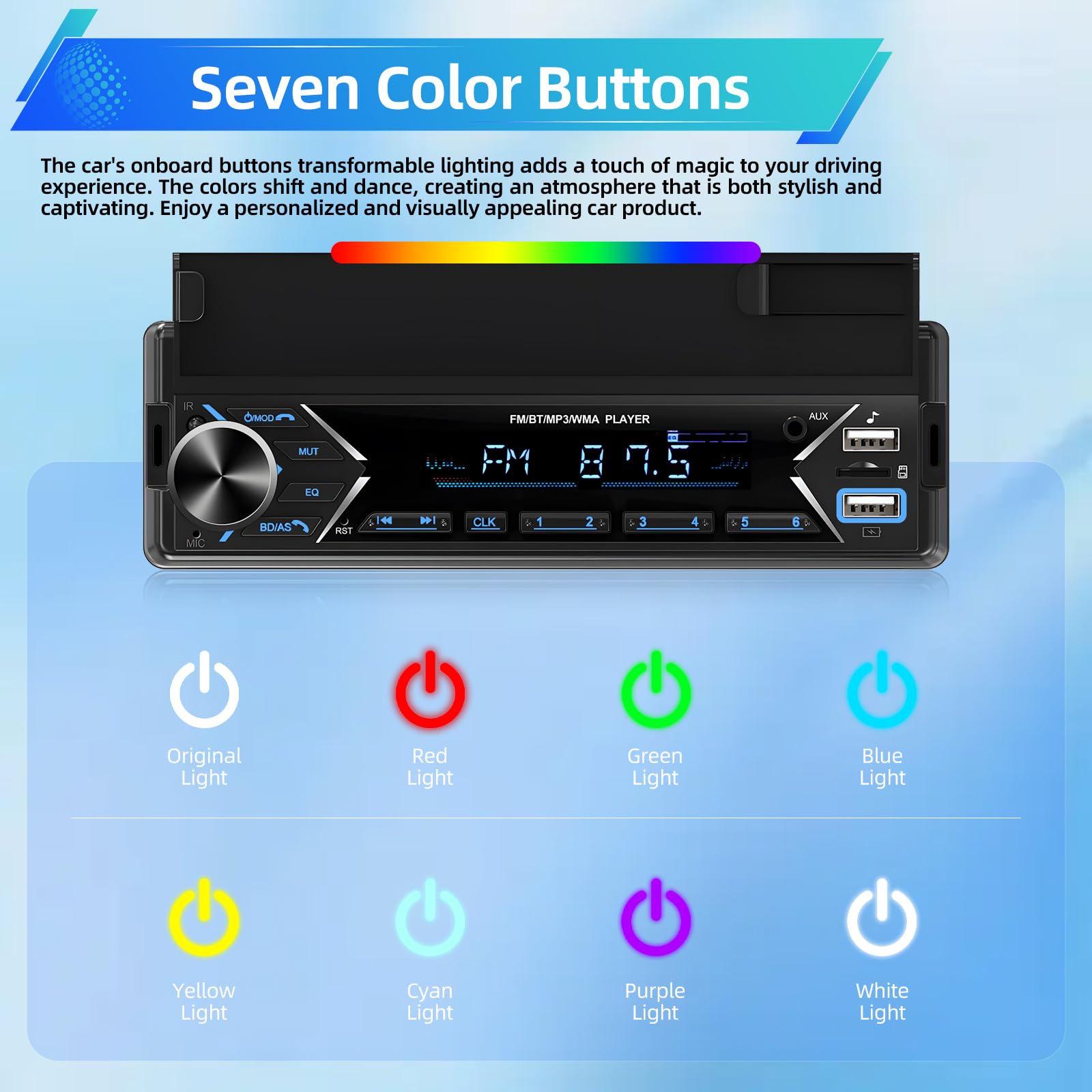 NHOPEEW Autoradio 1 Din con Bluetooth - Lettore MP3 Supporto per telefono - Doppia porta USB/TF Card/Radio FM/Ingresso AUX/Comando al volante/Pulsanti luminosi + microfono wireless