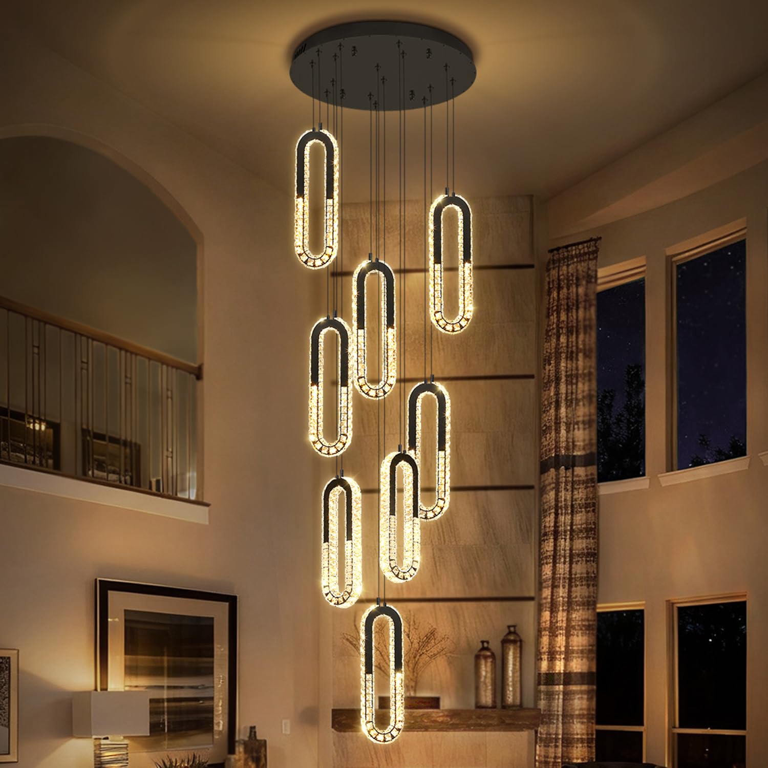 Photo 1 of ykolupty Modern Led Black Chandelier Adjustable 8 Rings Crystal Chandelier for Foyer Stairwell Crystal High Ceiling Pendant Light Dimmable 2700K-6000K