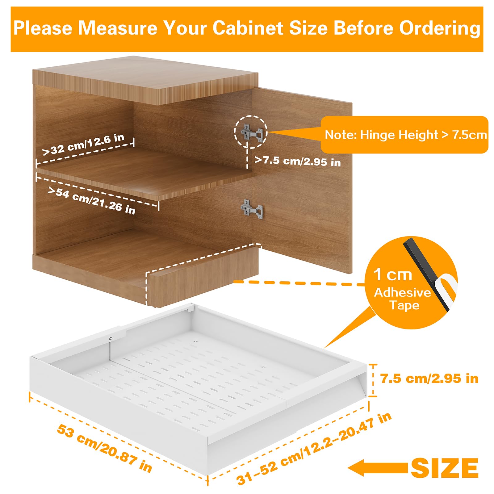 2 Stück ausziehbare Schublade für die Küche, Teleskopschublade mit Griff, Breite 31-52 cm, Tiefe 53 cm, Metall Schrank-Organizer, mit erhöhten Klebepads und ohne Bohren zu installieren, Weiß