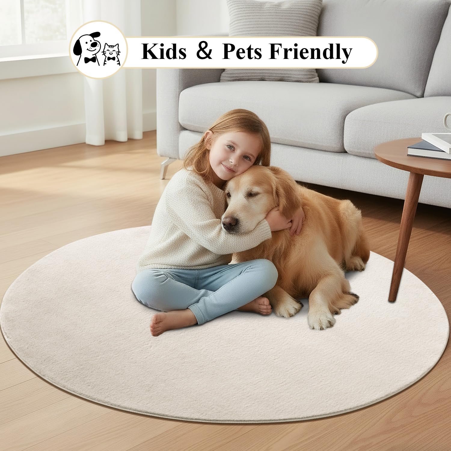 SHACOS Tappeto Rotondo 160 cm, Moderno Tappeto Rotondo Salotto Beige Lavabile in Lavatrice Antiscivolo Tappeti Salotto Pelo Corto Carpet Tappeti Camera da Letto per Soggiorno Uffici
