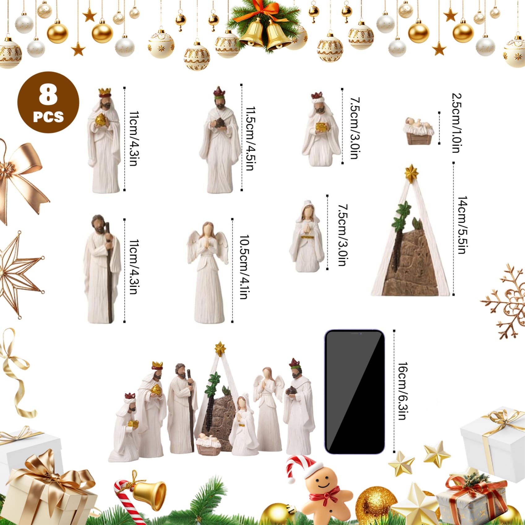 Ensemble de crèche de Noël (8 pièces) Moderne en résine Blanche - Figurines scène la Nativité - Ornements Table Religieux - Objets Collection Noël pour décorations Vacances