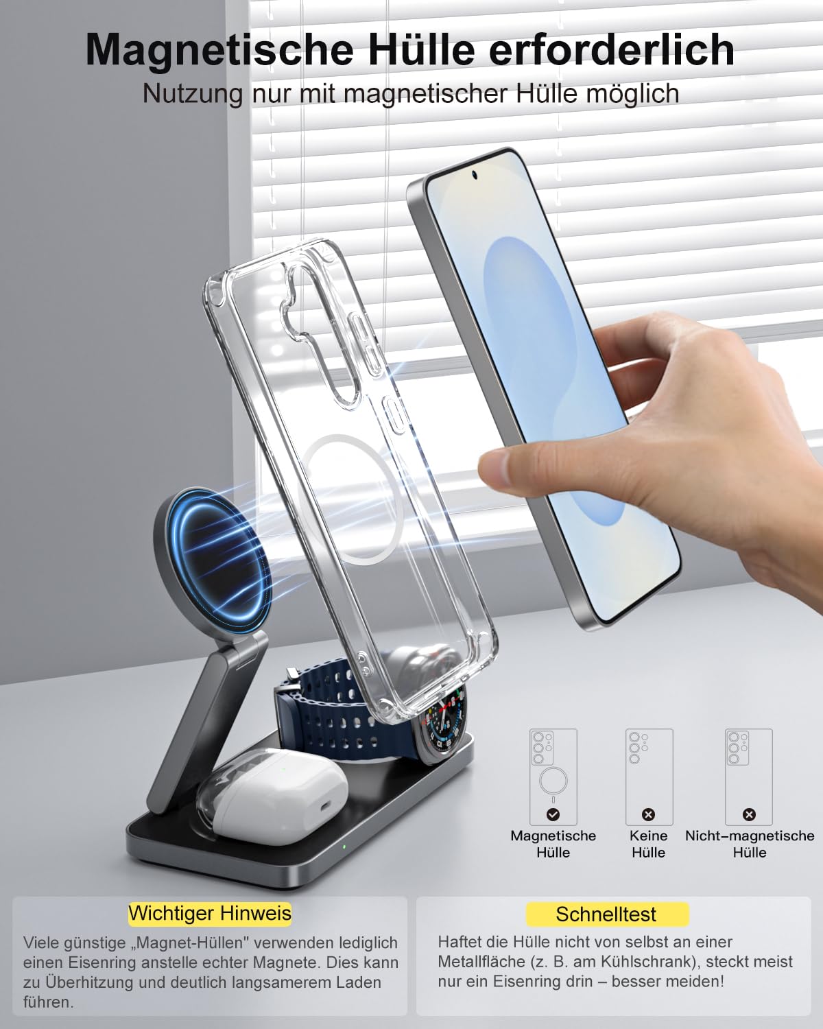 3-in-1-Ladestation 25 W für Samsung, faltbares kabelloses Ladegerät für Galaxy S26/S25/S24/S23/Z Fold/Flip-Serie, Galaxy Watch Ultra/8/7/6/5, Galaxy Buds Pro/3/2, inkl. 35 W Netzteil-Schwarz