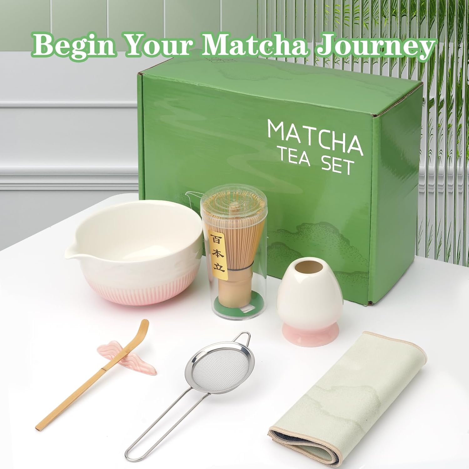 Matcha Whisk Set, 7 Pcs Ceramic Matcha Set, Includes Matcha Bowl, Matcha Whisk, Chasen Holder, Bamboo Scoop, Scoop Rest, Stainless Sifter, Tea Towel, Matcha Kit for Matcha Tea Ceremony - Image 6
