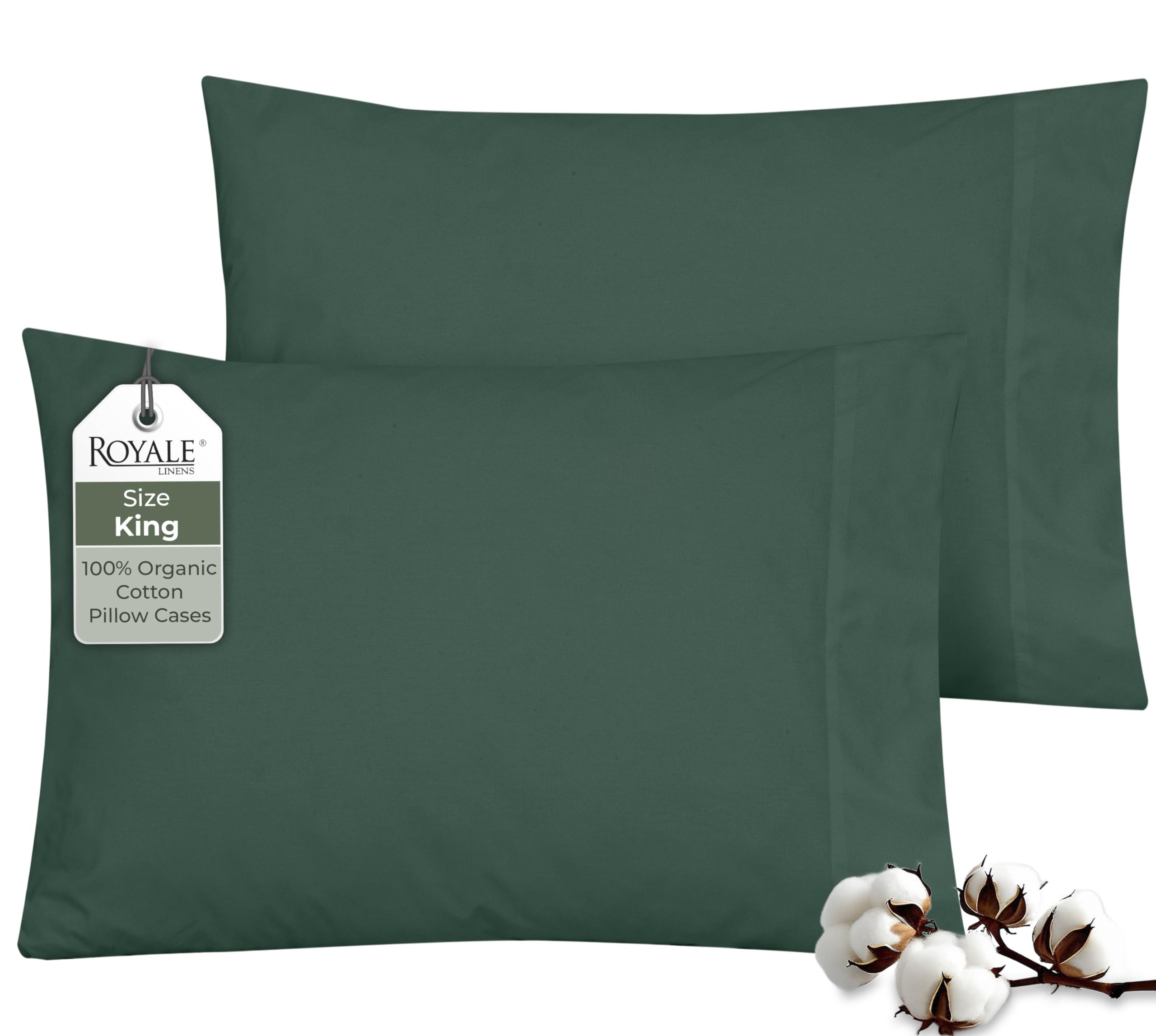 Photo 1 of ROYALE LINENS 100% Organic Cotton Percale Pillowcases Set of 2 - King Size Percale Pillowcase - King Set of 2 Pillow Cover - Breathable, Cool & Crisp Pillow Cases (20"x40", Hunter Green)
