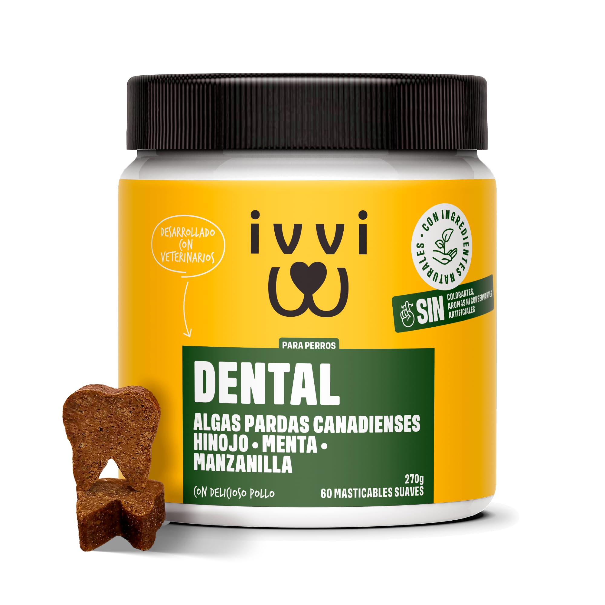 ivvi Dental - Snacks para la higiene Dental de los Perros. Menta, perejil, hinojo, manzanilla, Aceite de Coco, Algas pardas. 60 Snacks con Pollo. Favorece Dientes sanos, Aliento Fresco y Fresh Breath