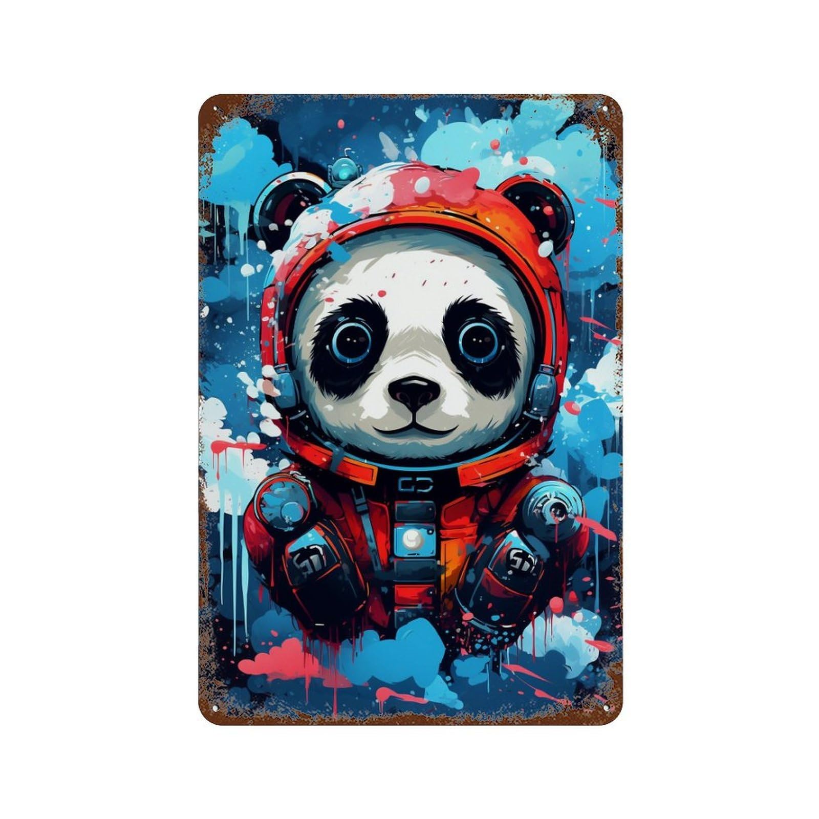 Panda Astronaut Space Suit-8 Vintage Wall Sign 11.8"x7.9", Rust Effect Metal Decor for Shed, Workshop And Garage Wall Decor