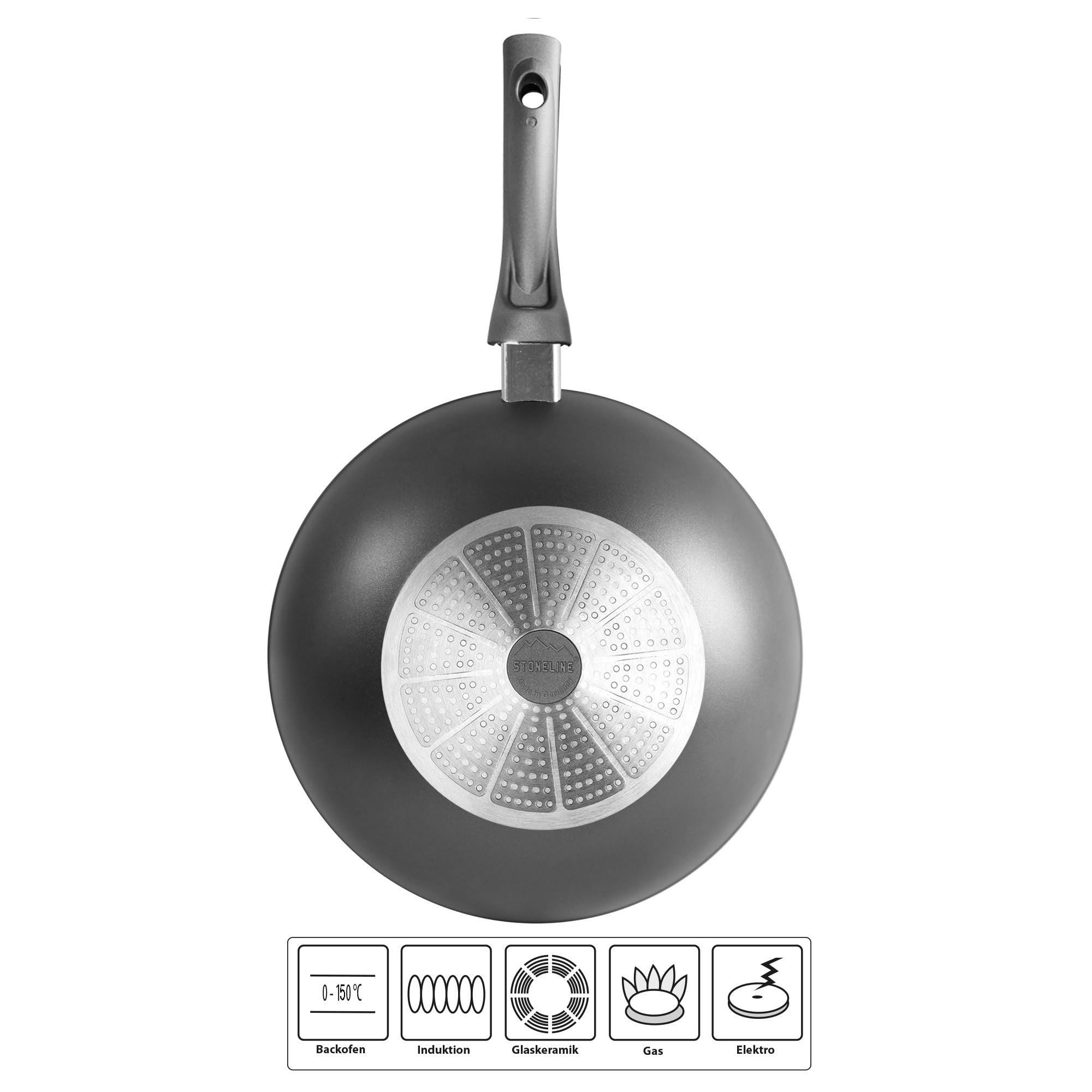 STONELINE Gourmundo Made in Germany Wok 30 cm, auch für öl- und fettfreies Braten, Wok Pfanne beschichtet mit echten Steinpartikeln, Wok Induktion und backofengeeignet