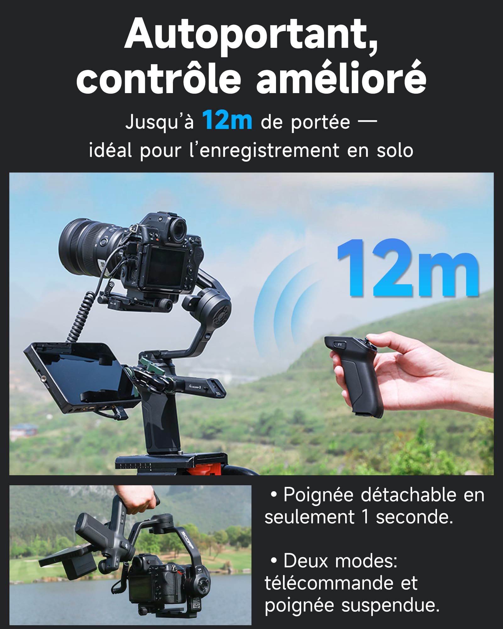 [Officiel] Feiyutech SCORP 3 KIT Stabilisateur de Cardan pour Appareil Photo avec Suivi AI 4.0 Intégré,Charge utile de 3,5kg,Poignée Amovible avec Contrôle sans Fil,5 Accessoires Supplémentaires