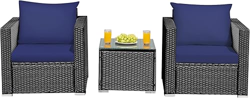 Miniatura 9 de Juego de muebles de mimbre de ratán para exteriores, 3 piezas, con cojín resistente al agua y mesa de vidrio templado, silla de mimbre para porche,