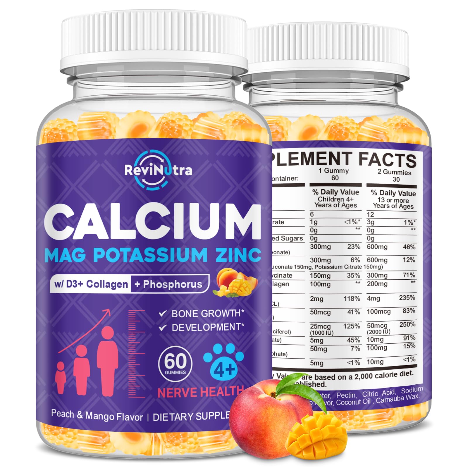 Calcium Potassium Magnesium Gummies for Kids & Adults, Magnesium Potassium Calcium Supplement for Kids, Sleep, Bone Strength, Density Support, Sugar Free, Juice Peach & Mango Flavor, 60 Gummies Peach & Mango 60 Count (Pack of 1)