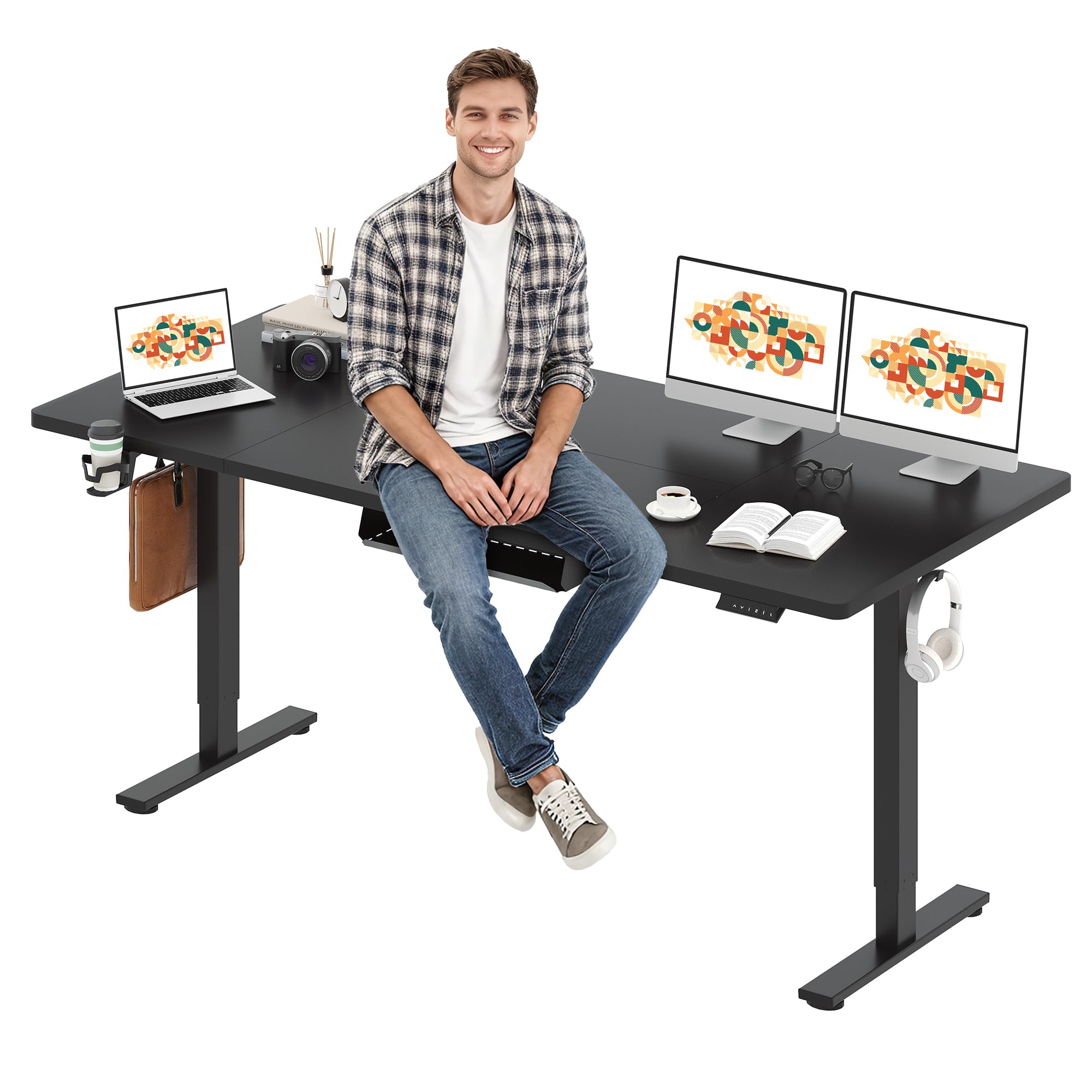 SANODESK Electric Standing Desk 79 x 32 Inches Height Adjustable Stand Up w/6-Button Ergonomic Computer Desk with Splice Board for Home Office, Black