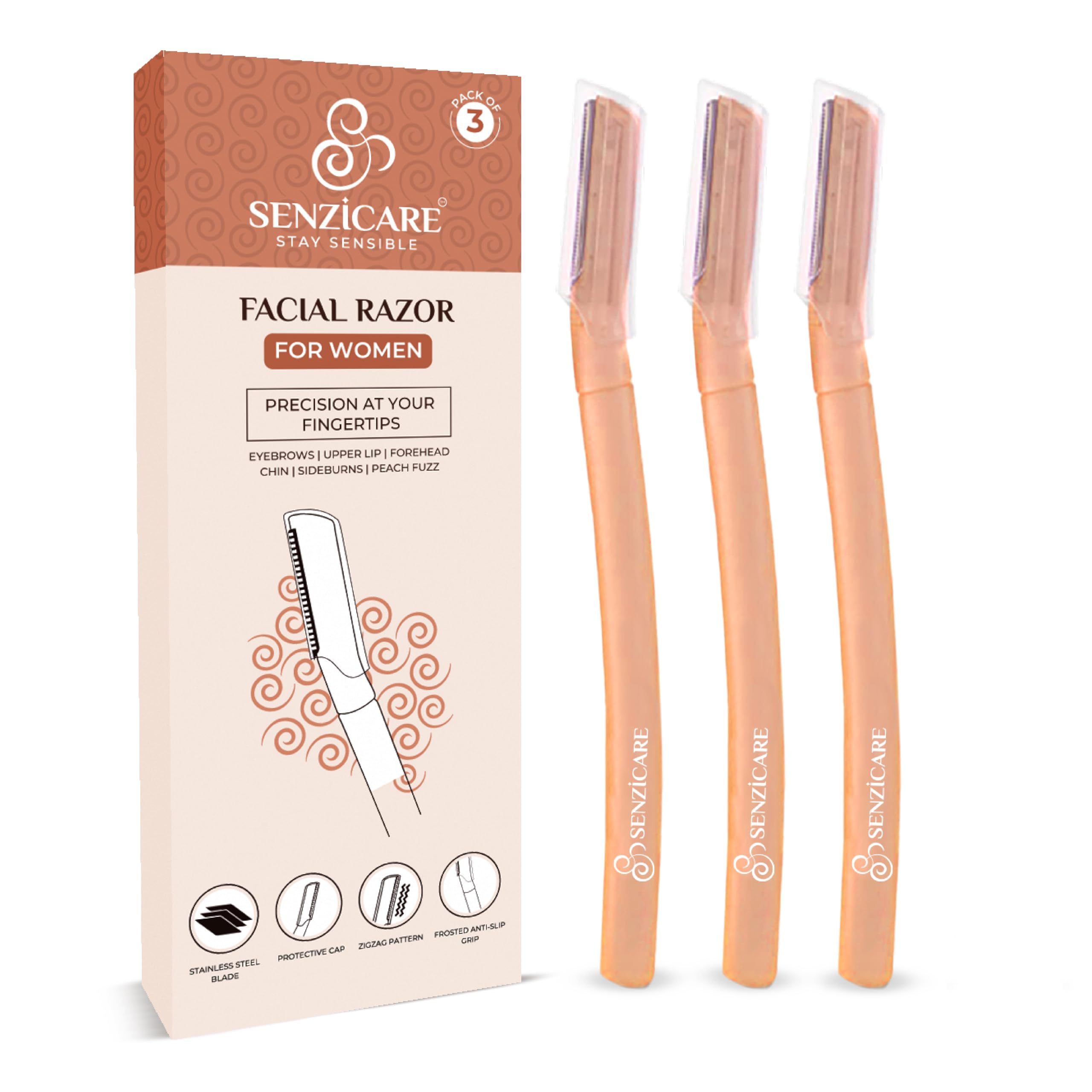 Senzicare Reusable Face Razor for Women Facial Hair- 3 Razors | Painless Hair Removal | For Eyebrows, Upper Lip, Forehead, Peach Fuzz, Chin and Sideburns (Pack Of 3)