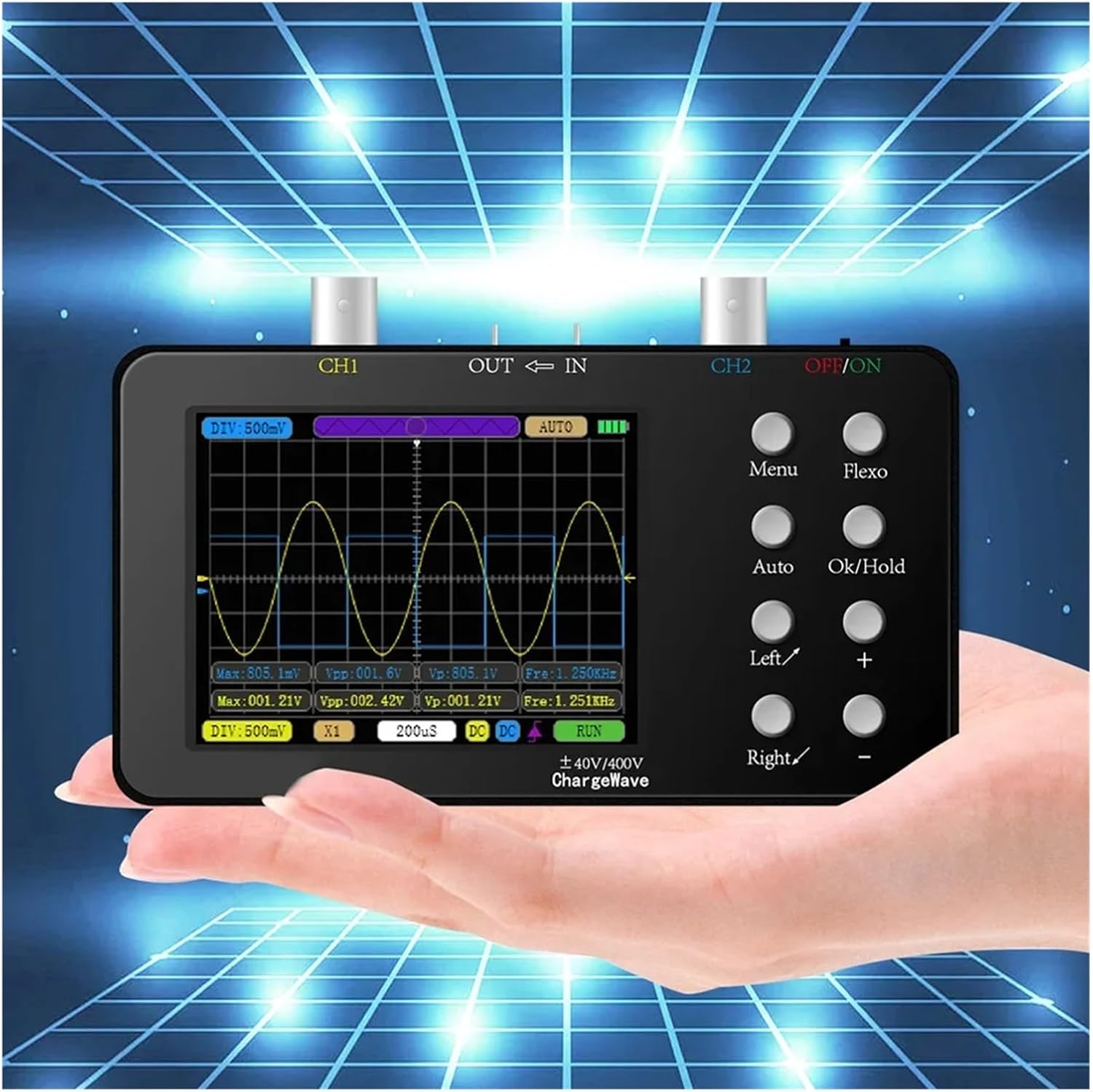 Hand holding the SCO2 Oscilloscope displaying a waveform