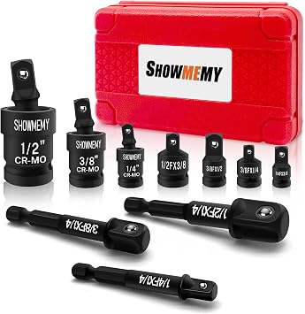 Swivel Socket Set, 10 Pcs Impact Swivel Socket Set with 3 Pcs Impact Socket Adapter, and 4 Pcs Reducer Set1/2" to 3/8", Cr-Mo Steel, 1/4-Inch, 3/8-Inch, 1/2-Inch Drive/Adapter