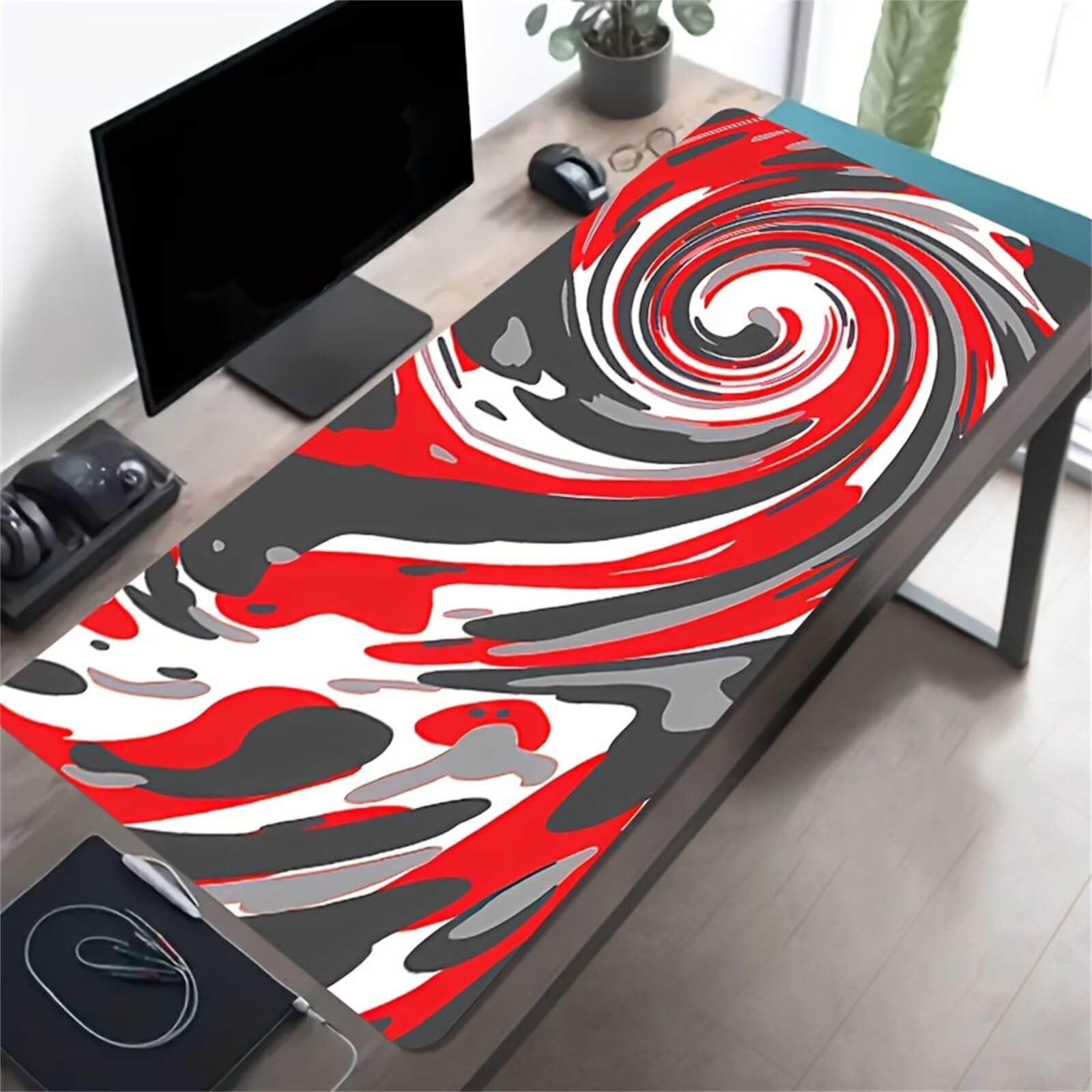 Grand Tapis de Souris de Jeu 1000x500x2 mm Mouse Pad Gaming Rouge Blanc Gris Tapis de Bureau Antidérapant avec Bords Cousus pour Bureau, Études, Gamer