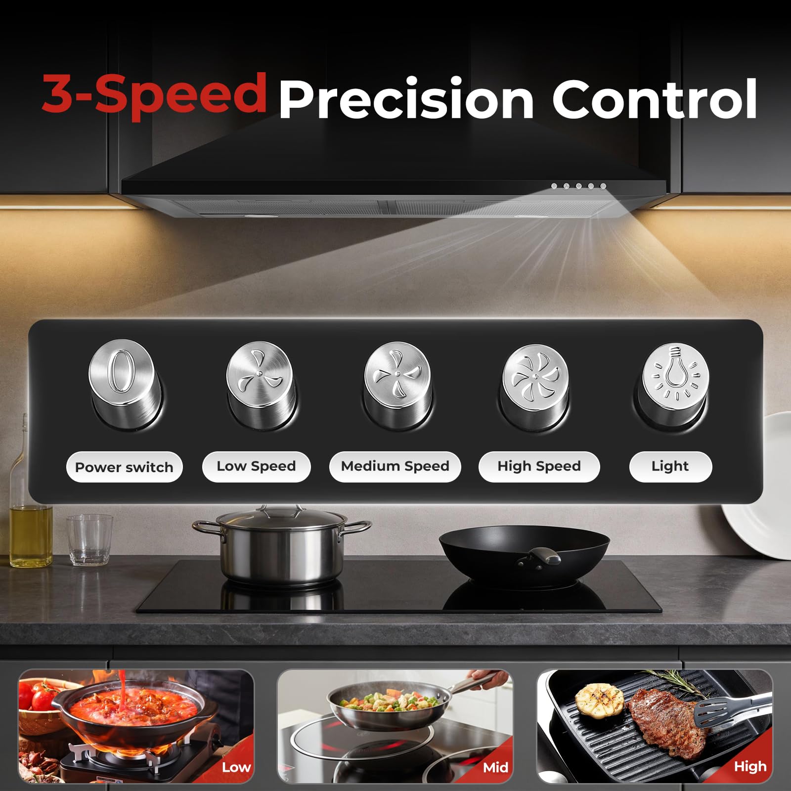 SNDOAS 60 cm Cooker Hood, Extractor Hood, Class A+++, 3-Speed Wall Mounted Range Hood, 400m³/h Extractor Fan kitchen with Carbon Filters, Black — view 3