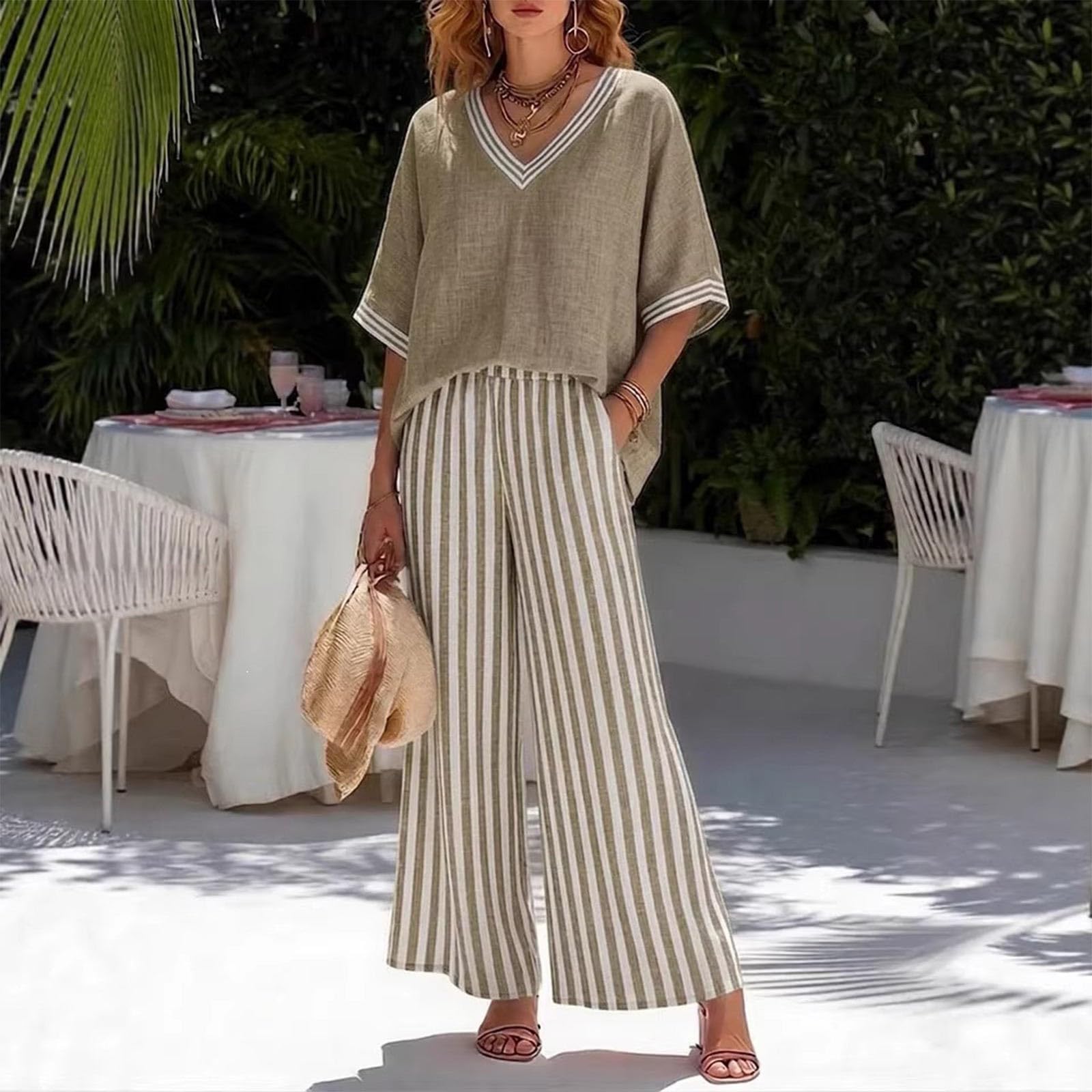 Genérico Conjunto Mujer De Dos Piezas Para Mujer Verano Cuello V Manga Murciélago Contraste Pantalones Anchos Cómodo Elegante Para Salir Diario Talla Grande Estilo Casual Holgado Talla Grande