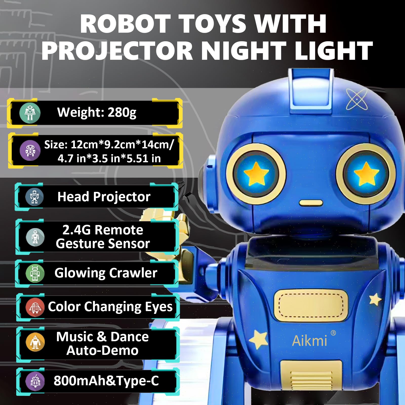 Aikmi Robot zabawki dla dzieci w wieku od 5 do 7 lat, akumulator z pilotem i projektorem lampka nocna, z czujnikiem gestów i muzyką