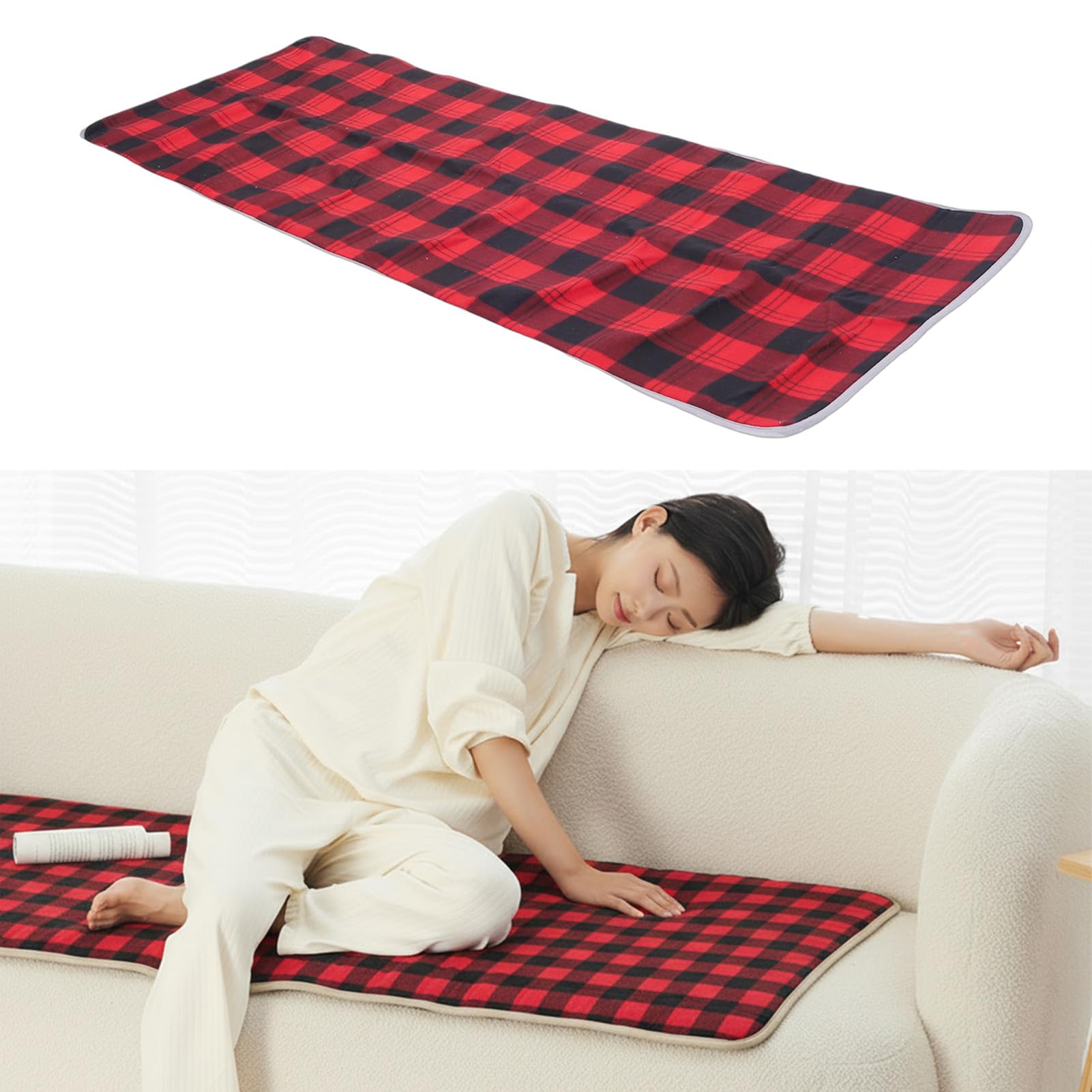 Podgrzewana Podkładka do śpiwora w czerwoną kratę z 5 Strefami Grzewczymi, 3 Regulowanymi Poziomami Temperatury na Kempingu, Zasilacz USB, materiał Polarowy 70,9 X 23,6 Cala