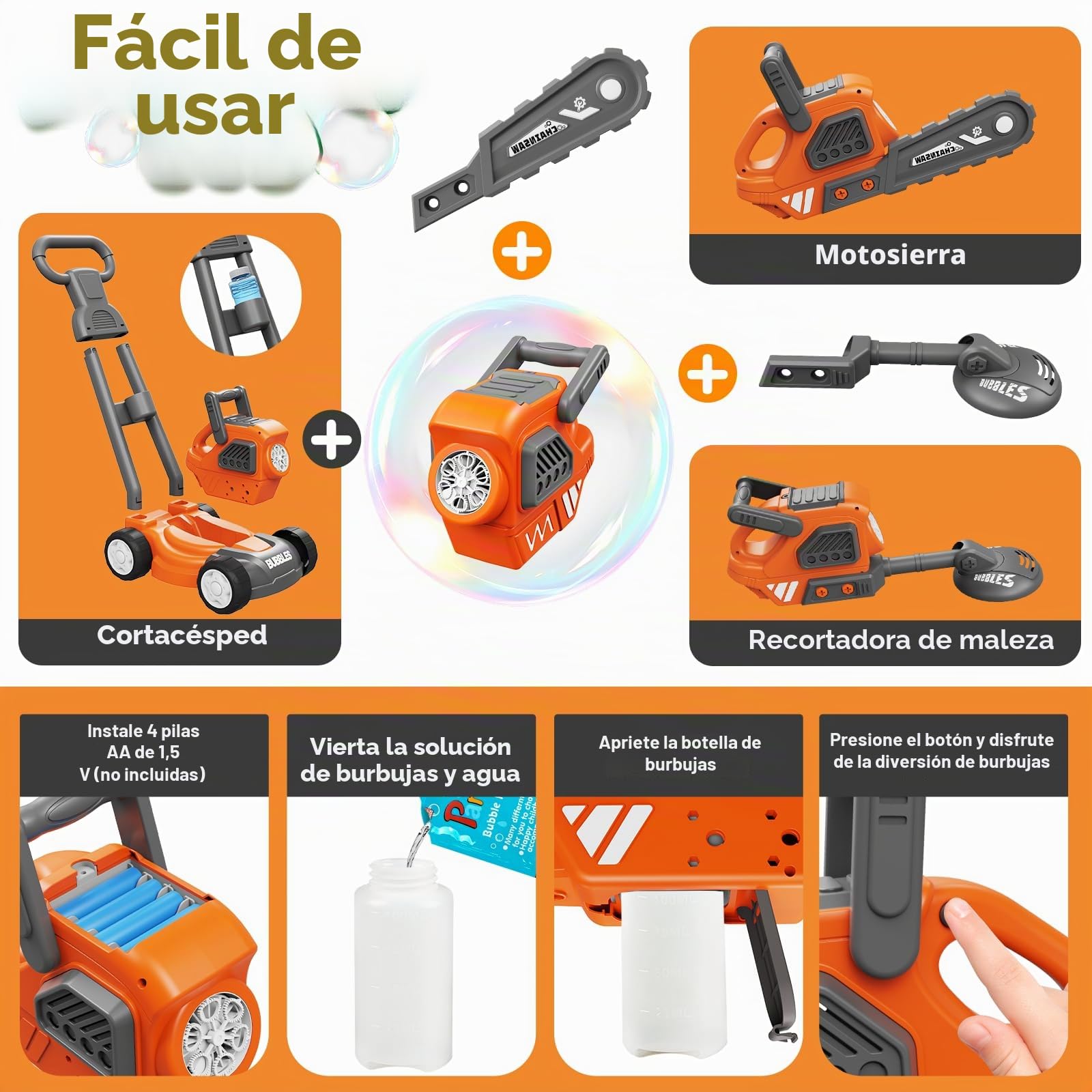 Cortacésped de Burbujas para Niños, Máquina de Burbujas 3 en 1 con 10 Packs de Solución, Juguete de Empuje para Exterior para Niños de 3 a 8 Años, Regalo de Cumpleaños, Pascua y Verano