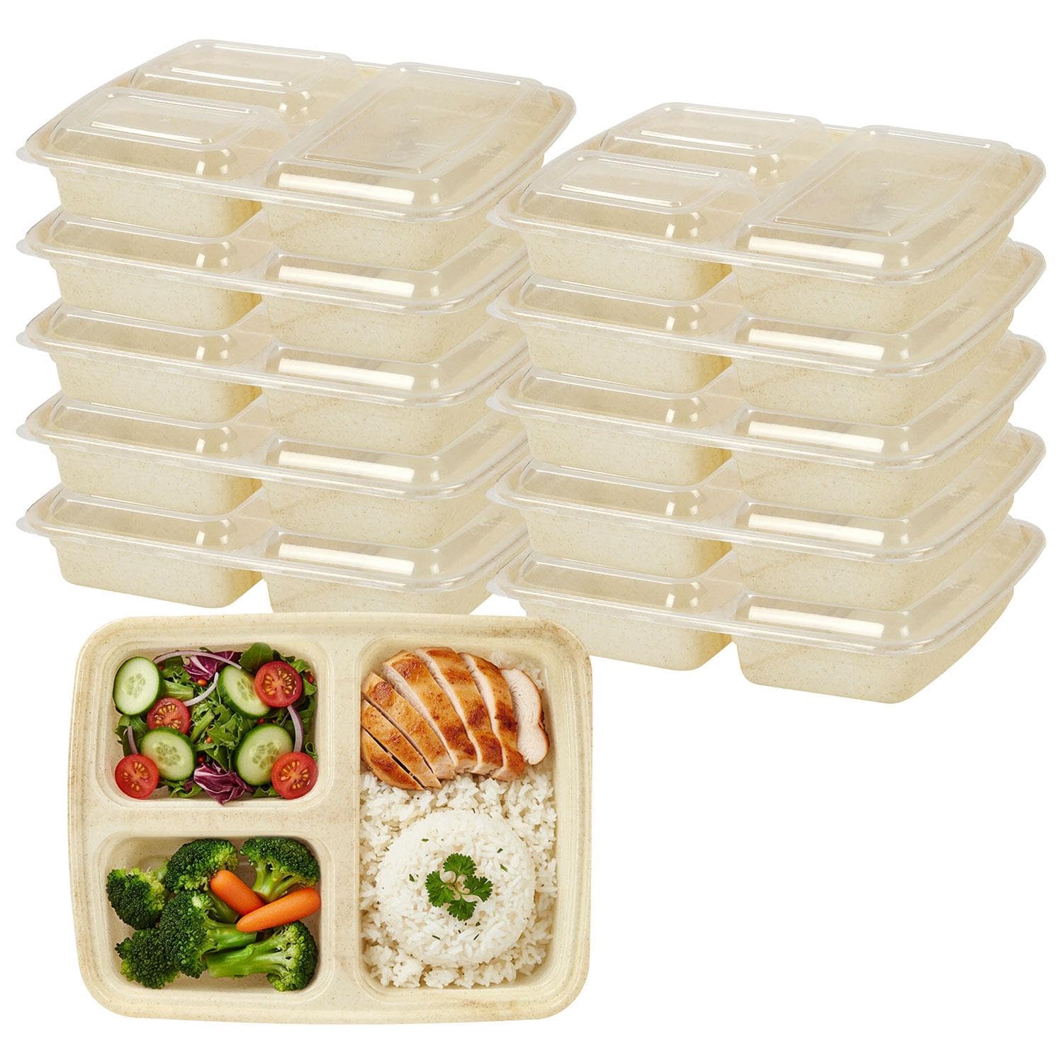 Livhome 10 Pack 3 Compartment Meal Prep Containers, BPA-Free Reusable Food Prep Boxes with Airtight Lids, Freezer Safe, Microwavable Plastic Meal Containers Perfect for Portion Control (Beige)