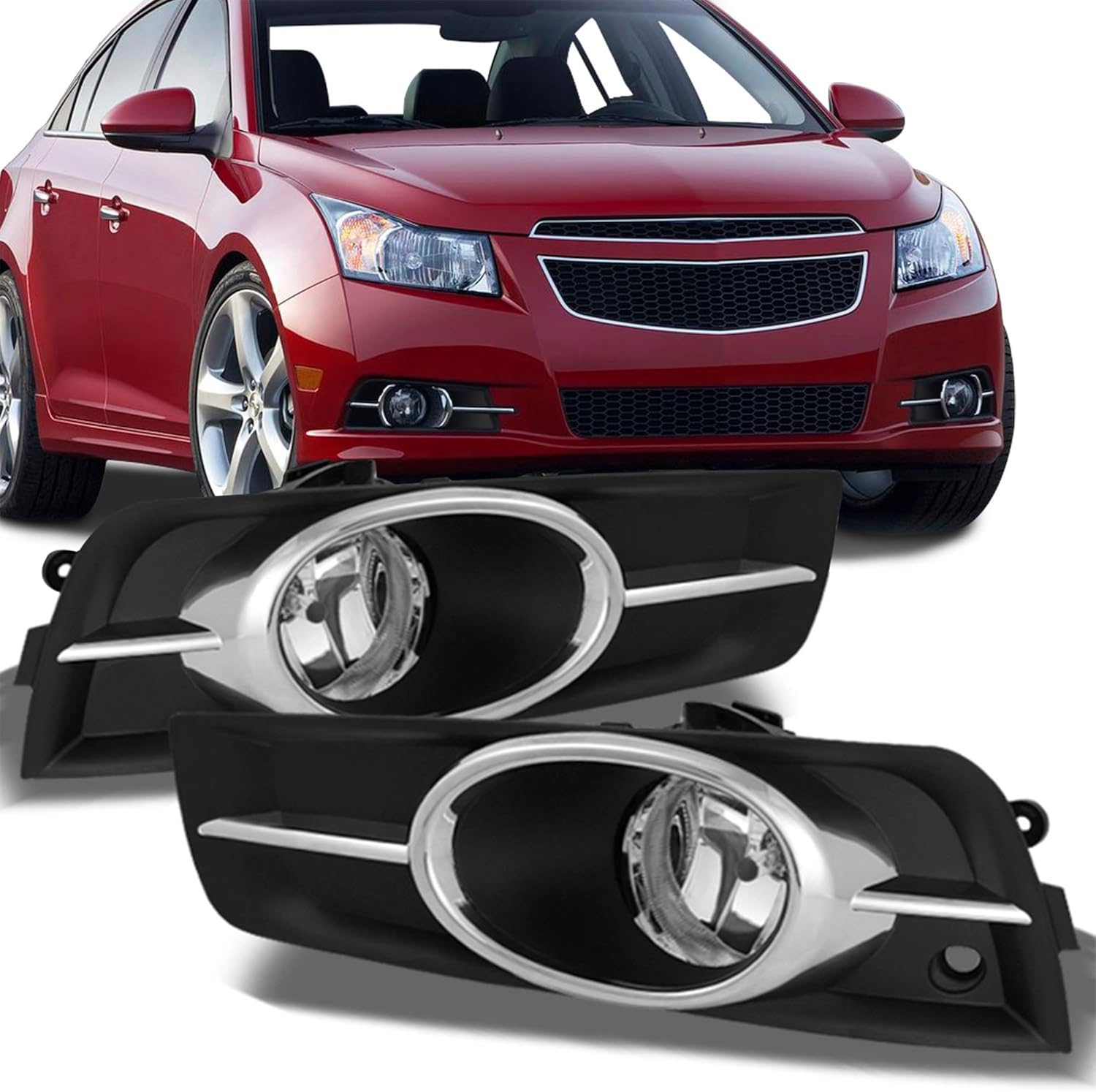 Black Horse Clear Plastic OEM Replica Fog Light with Wiring kit and a switch Compatible with 2011-2015 Chevrolet Cruze with Wiring kit and a switch