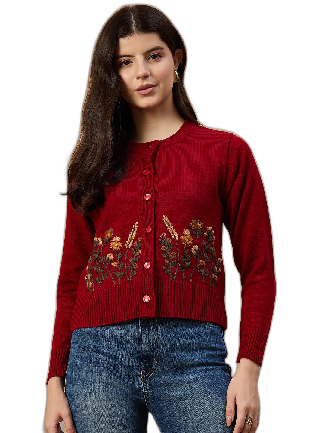 clapton Women's Knit Cardigan with Floral Embroidery, Button Front, Long Sleeve-picture-5