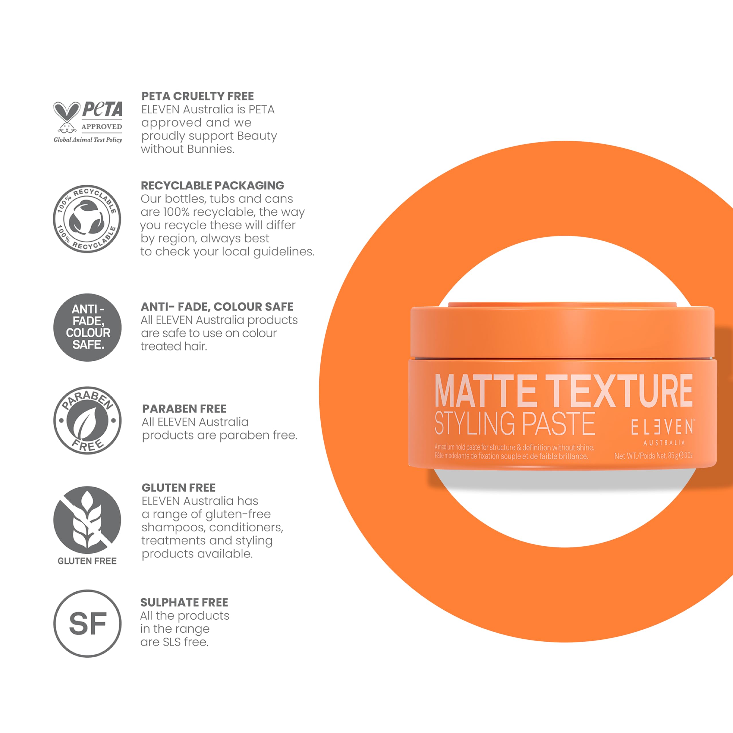 ELEVEN AUSTRALIA Matte Texture Styling Paste - Hair Clay for Men and Women, Lanolin Wax, Beeswax, & Argan Oil Blend, Natural Molding with a Texturizing Finish, Ideal for Short Hair