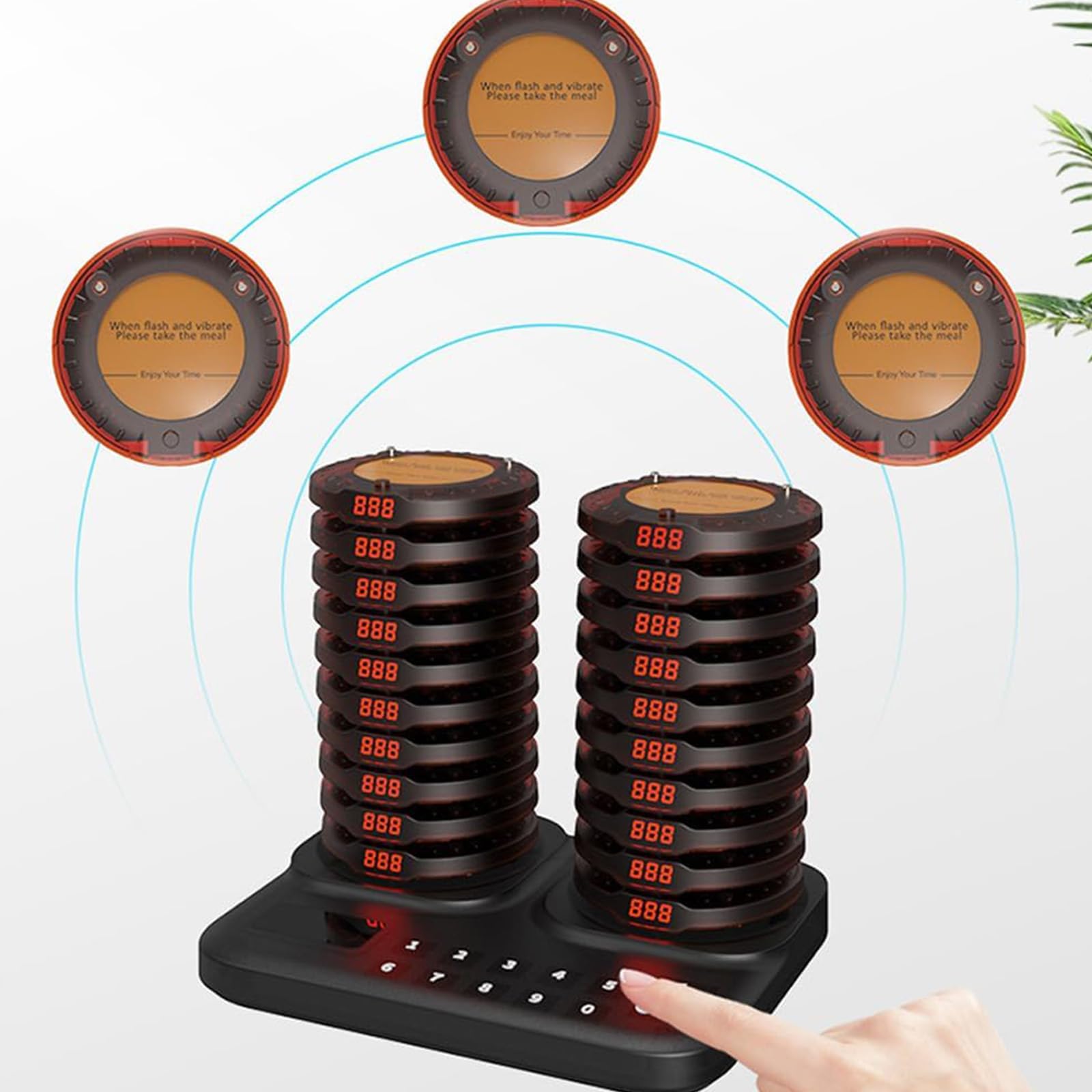 System Cercapersone Ristorante Senza Fili Con 20 Pager Coaster, Portata 800m, Display LCD, Buzzer Clienti Ricaricabile Con 20 Ore Di Standby, Avviso Vibrazione E Flash