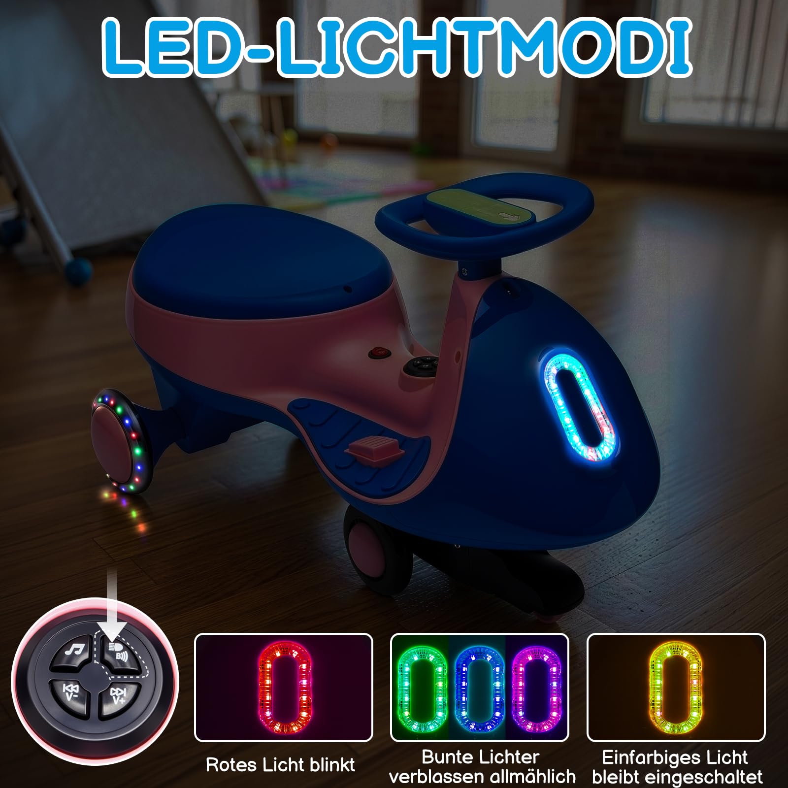 LALAHO Auto elettrica per bambini, 12 V, con pedale, auto elettrica a 2 velocità, protezione antiribaltamento, Bluetooth, per bambini dai 3 anni in su (blu e rosa)