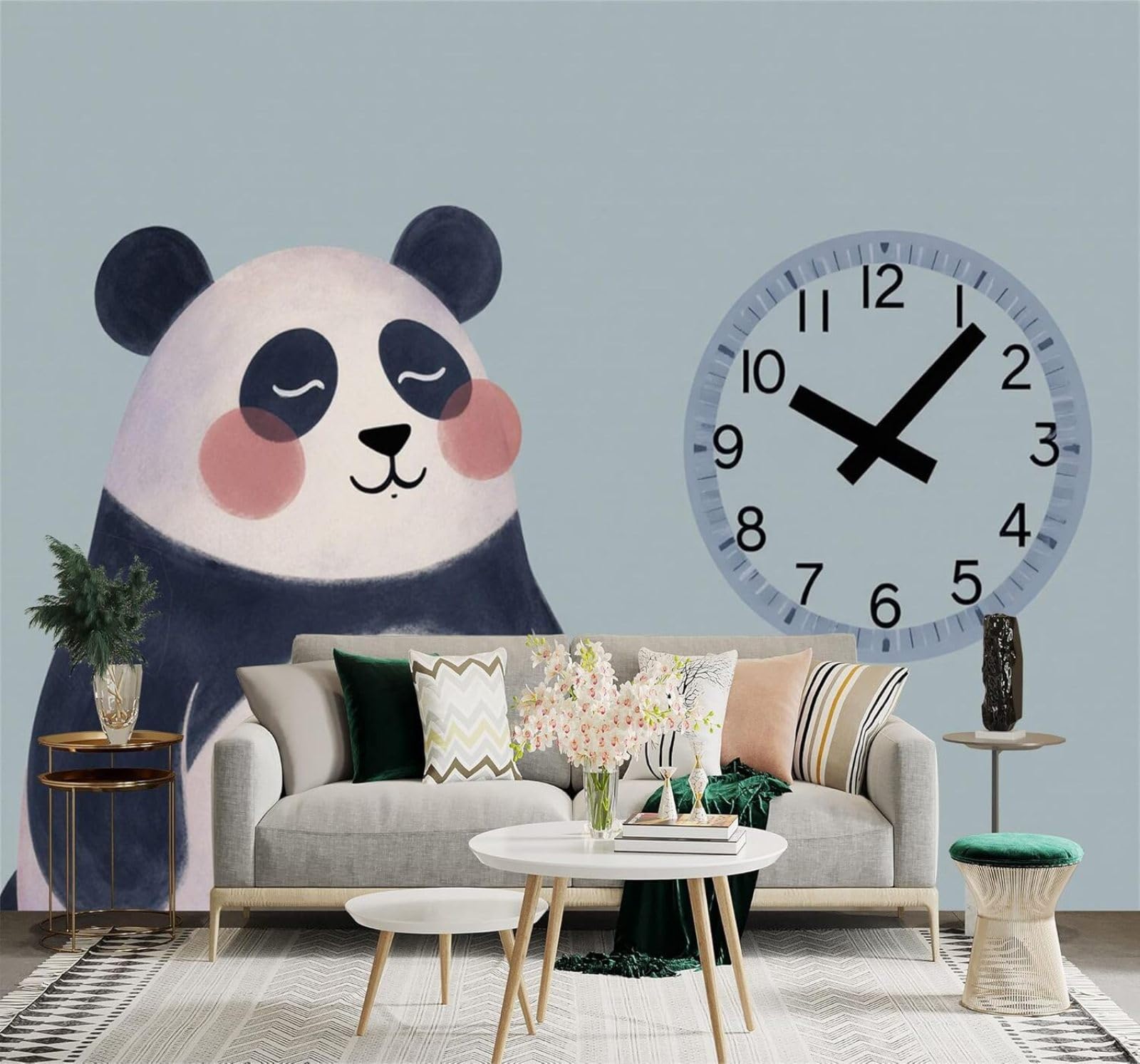 XLMING Cute Panda Clock Minimalist Illustration 3D Wallpaper Silky Texture Home Study Office Grey Dining Room Sofa Bedroom Living Room TV Backdrop-200cm×140cm