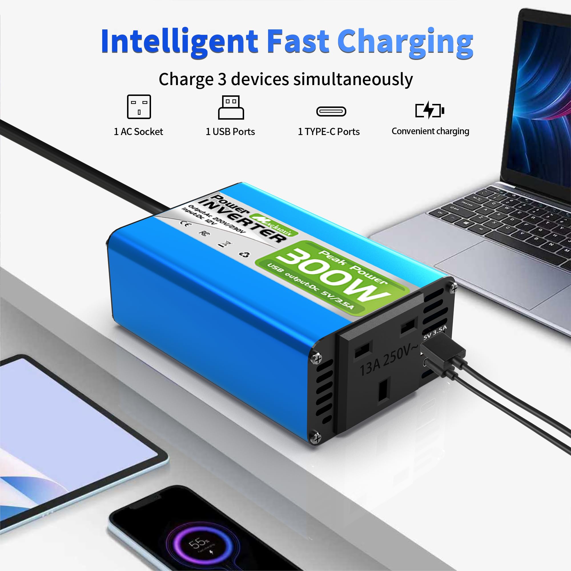300W Car Power Inverter 12V to 230V/240V Converter, Car Charger Lighter Adapter USB-A and USB-C 3A Charging Ports - Blue Aluminum Body - 4
