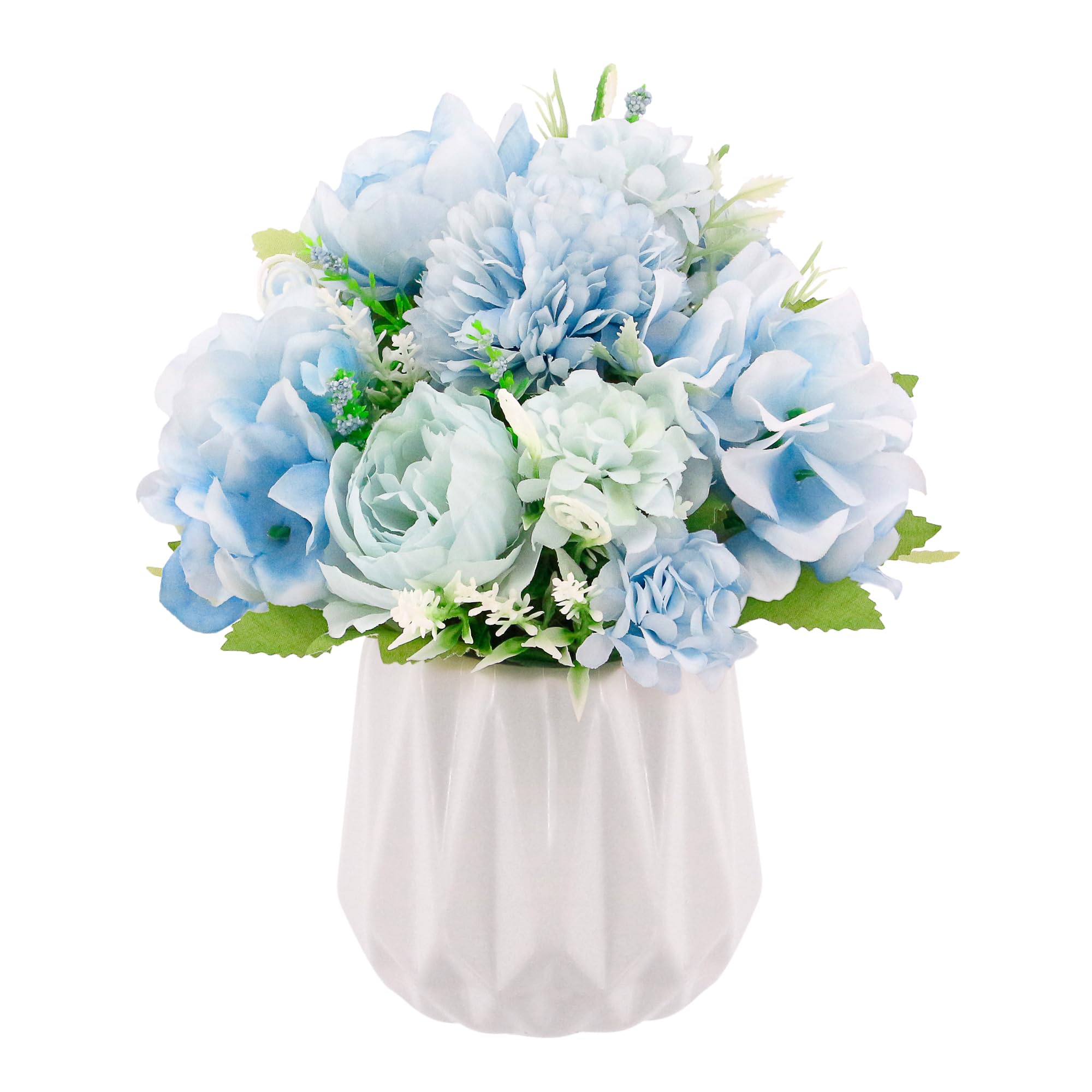 Pivoine et marguerite artificielles sous vase en céramique au réalisme saisissant