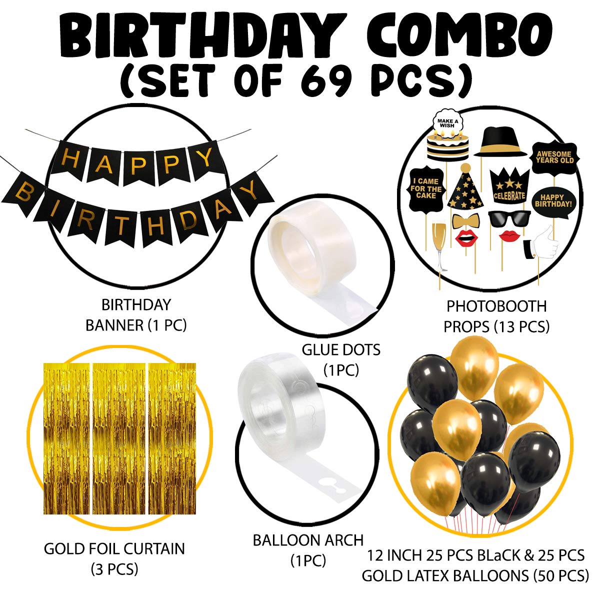 Party Propz Cardstock Birthday Decoration Items-69 Pcs,Happy Birthday Decoration|Birthday Decoration Items For Husband,Wife|Women,Men Birthday Decoration Items|Golden,Black Birthday Decorations Kit