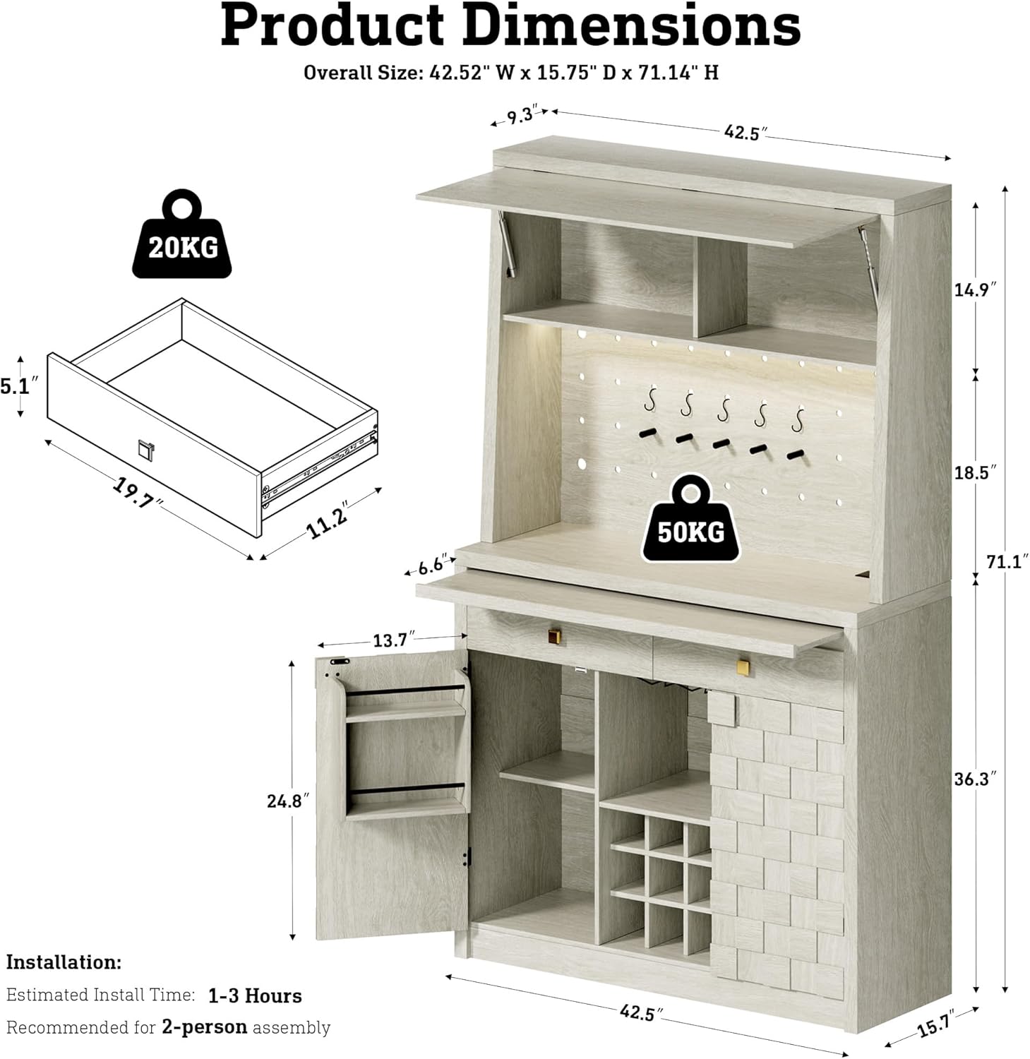 STO'SENSE 71.1" Tall Kitchen Pantry with Charging Station & LED Light, Sideboard Buffet Storage Cabinet with Hydraulic Flip Up Door, Drawers, Pegboard, Cupboard for Dining Room