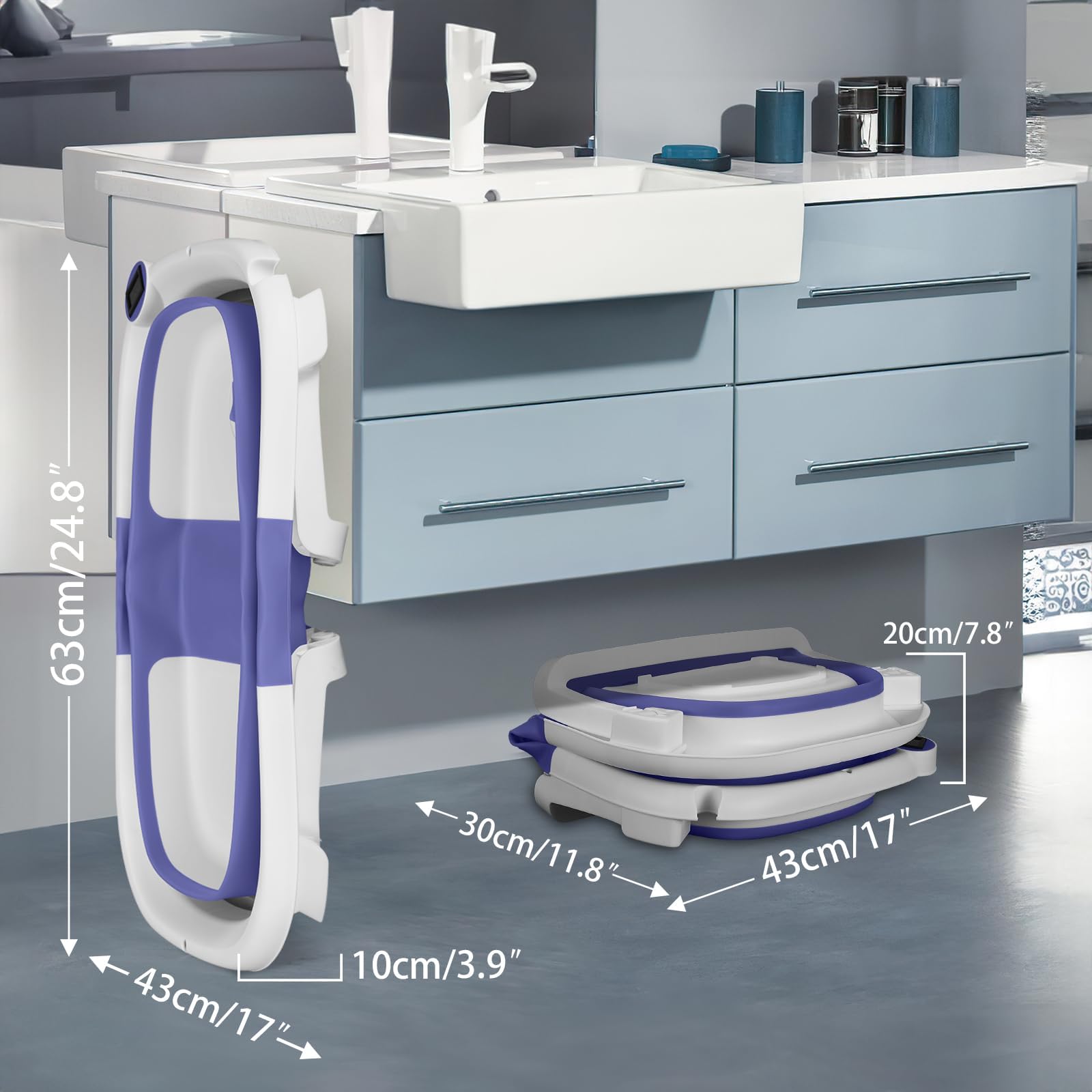 Wanienka do kąpieli dla niemowląt, duża, składana, z wbudowanym termometrem, matą do kąpieli, podłączeniem do prysznica, ergonomiczna, oszczędzająca miejsce, przenośna, dla dzieci 0–36 miesięcy (B)