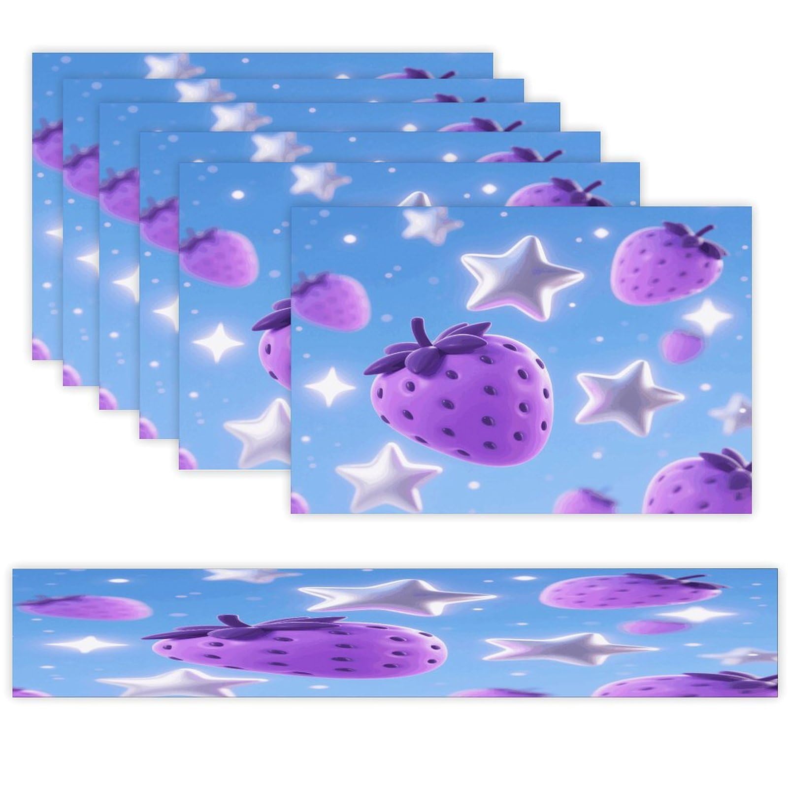 Stars and Purple Strawberries Table Runner and Placemats Set of 7 Linen Table Mat Non-Slip Place Mats Washable Placemat Heat Resistant Place Mat with Table Runner for Party Dining Decor