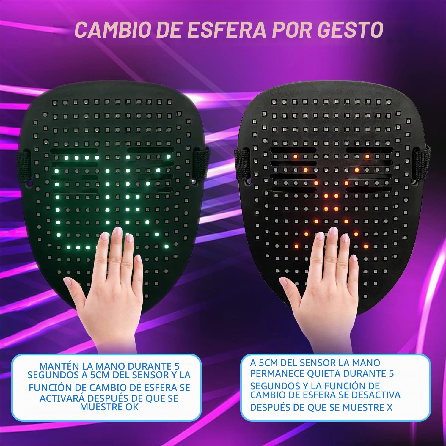 Depointer Life Máscara LED con reconocimiento de gestos, máscara de transformación facial iluminada LED para disfraz, cosplay, fiesta, mascarada