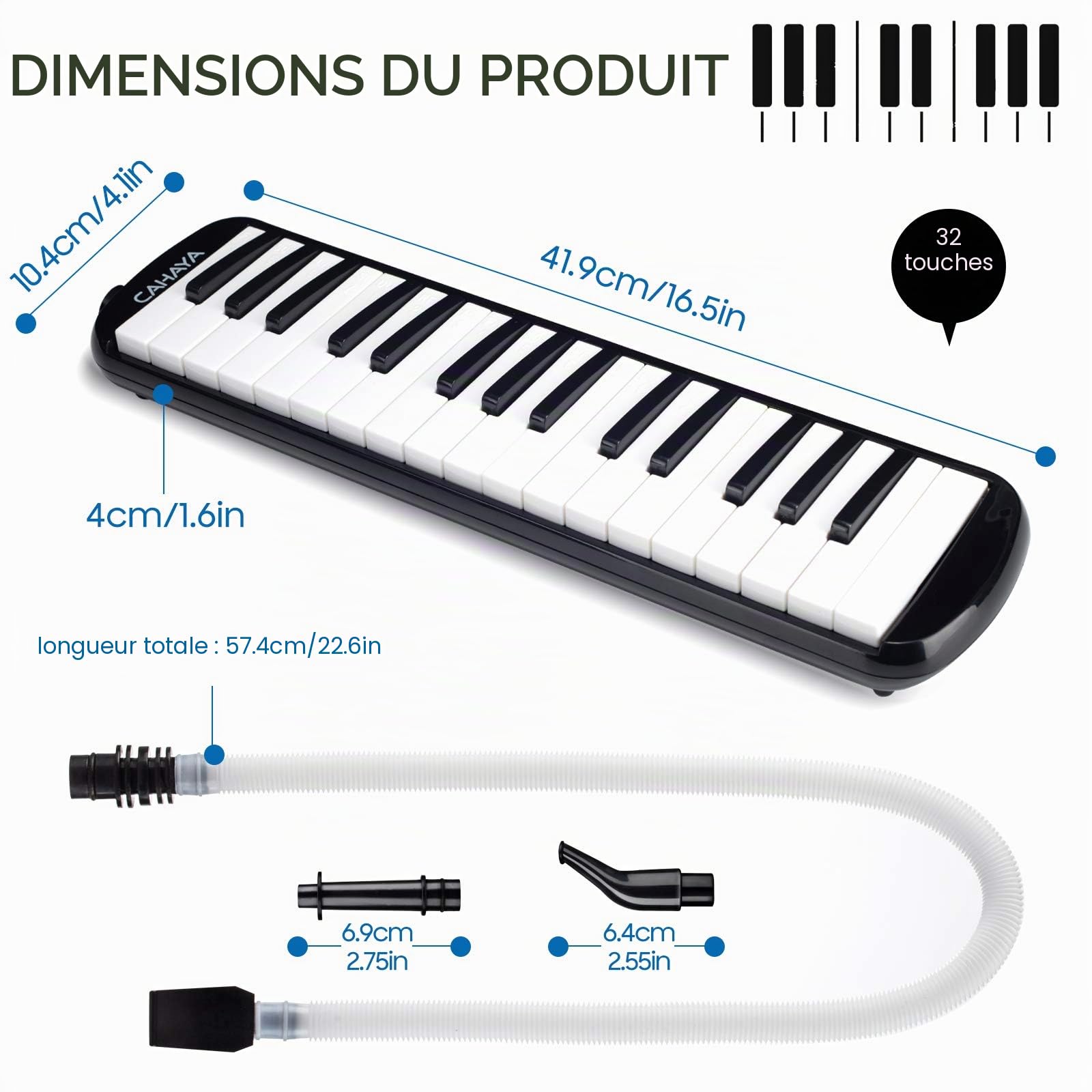 CAHAYA Mélodica 32 Touches avec Etui et Embout Flexible en plastique pour Enfants, Amateur de Musique, Noir CY0050-1