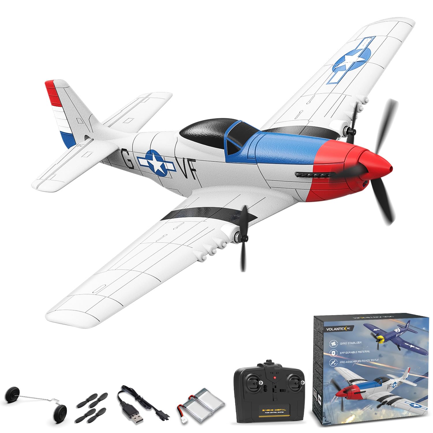 FLYCOLORRC Plane RTF for Beginners,2.4Ghz 3CH Remote Control Airplane Easy to Fly with Gyro Stabilization,Outdoor Hobby WWII,with Xpilot Stabilization System (P51)