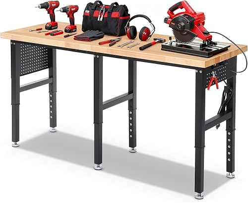 Miniatura 9 de Mesa de trabajo para garaje de 60 pulgadas Banco de trabajo con almacenamiento Altura ajustable Tablero de madera de goma Banco de trabajo con