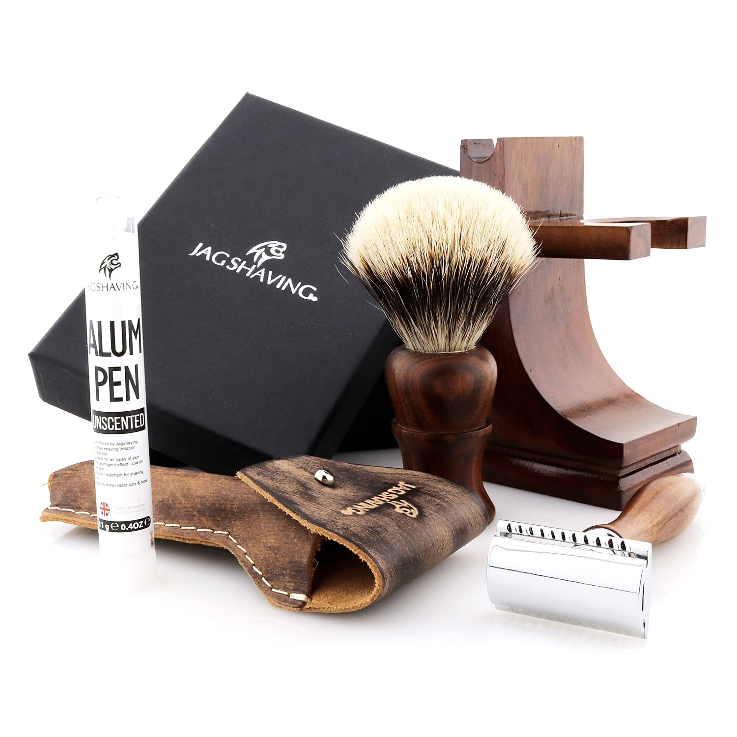 Jag Shaving zestaw do golenia – zrównoważony, 4-częściowy zestaw do golenia z drewna – srebrna końcówka do golenia z włosia borsuka – podwójna krawędź ostrza do golenia – stojak do golenia – skórzana torba na maszynki do golenia