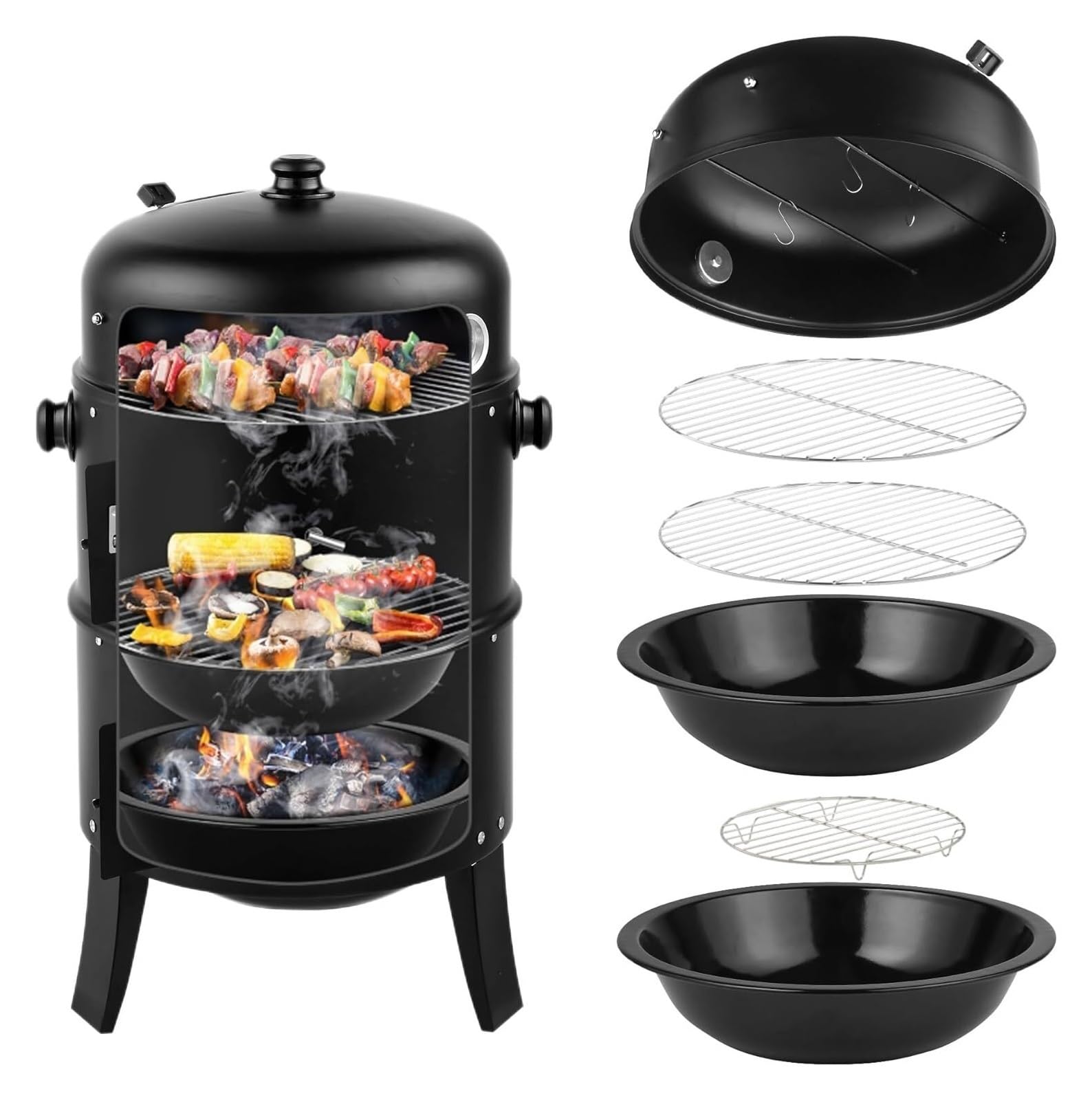 Barbecue portatile 3 in 1 a carbonella, 81,3 cm, affumicatore verticale per esterni, con termometro integrato e ganci, griglie a carbone con affumicatore per carne, per cucinare all'aperto, grigliare,