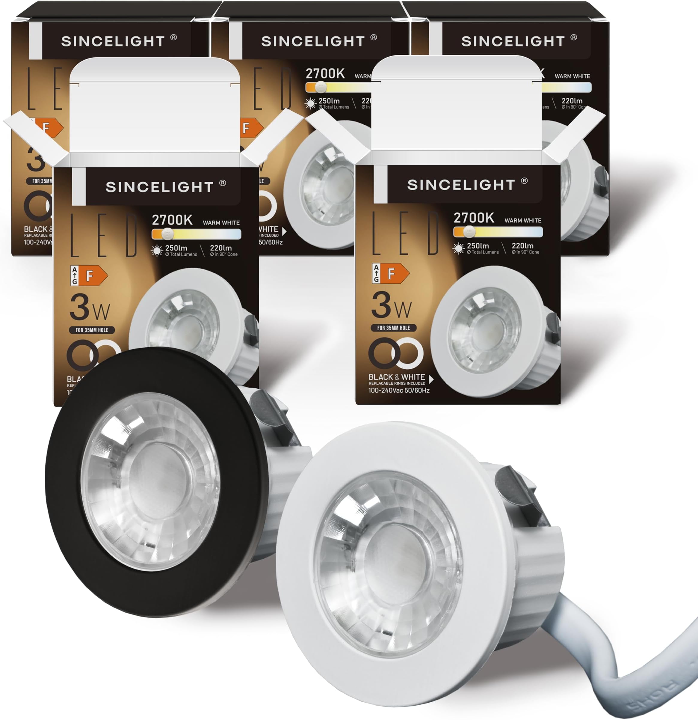 SINCELIGHT MINI Recessed Spotlight,Small Downlight for 35-40mm Ceiling Hole,Cabinet,Showcase, MR11 Replacements,White and Black Ring Replaceable,IP65 Waterproof,Warm White 2700K,RA≈92,Pack of 5