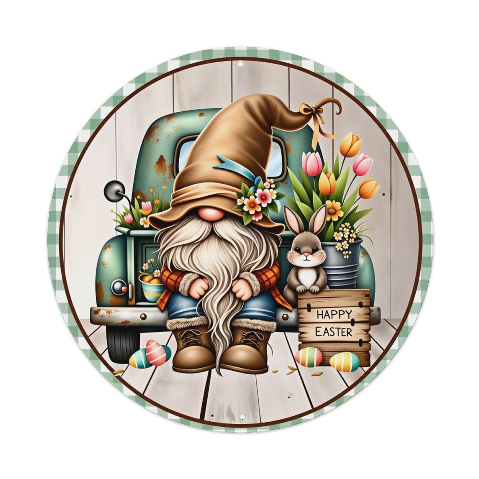 Gnome Bunny Car Eggs Flowers Metal Tin Sign Vintage Garden Bedroom Cafe Bar Man Cave Home Wall Decor Metal Poster 8x8 inches