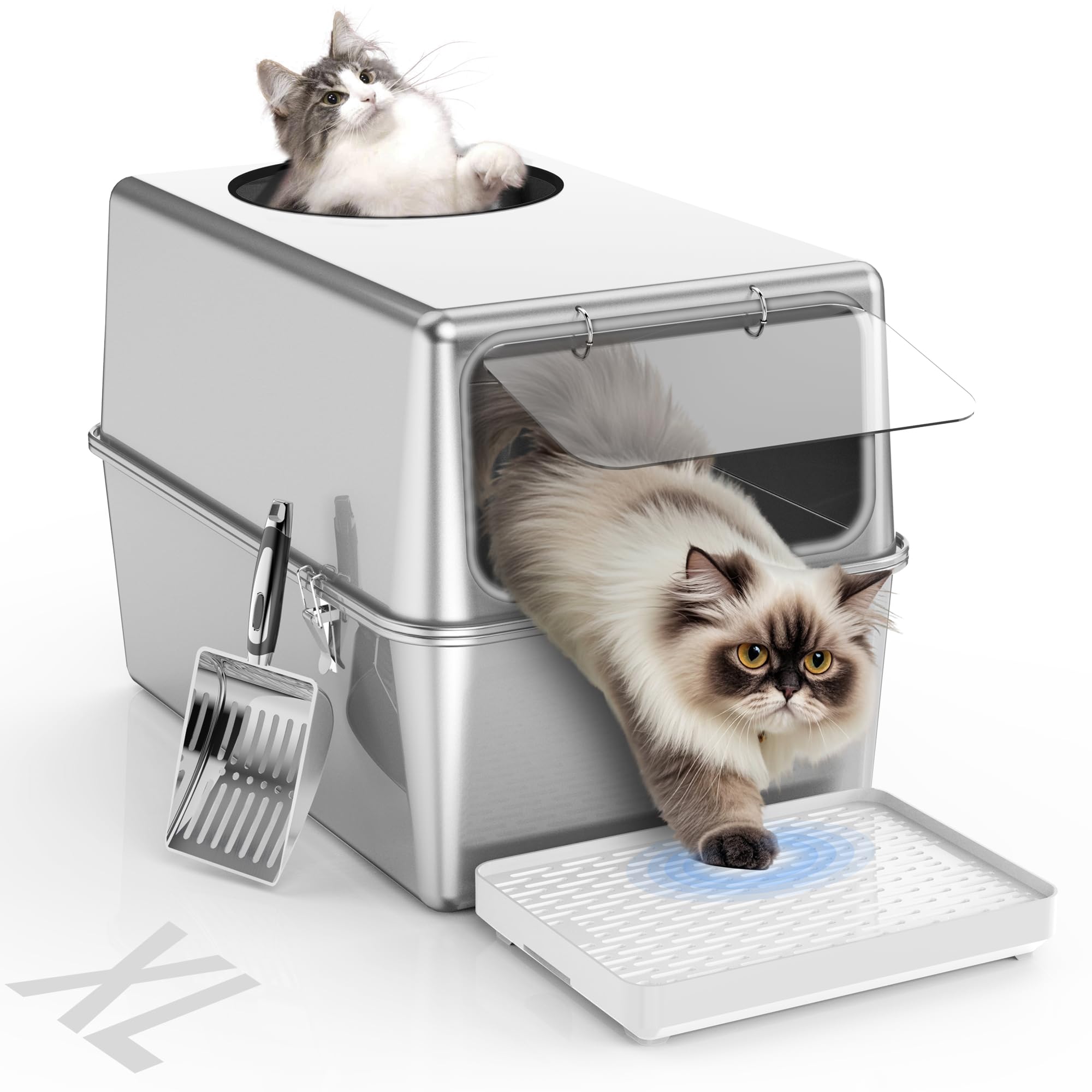 Stainless Steel Litter Box with Lid – Dog Proof, XL Enclosed Metal, High Side, Odor Control, for Big Cats & Multi-Cat Household, Top and Front Entry (Grey Silicone Edge)