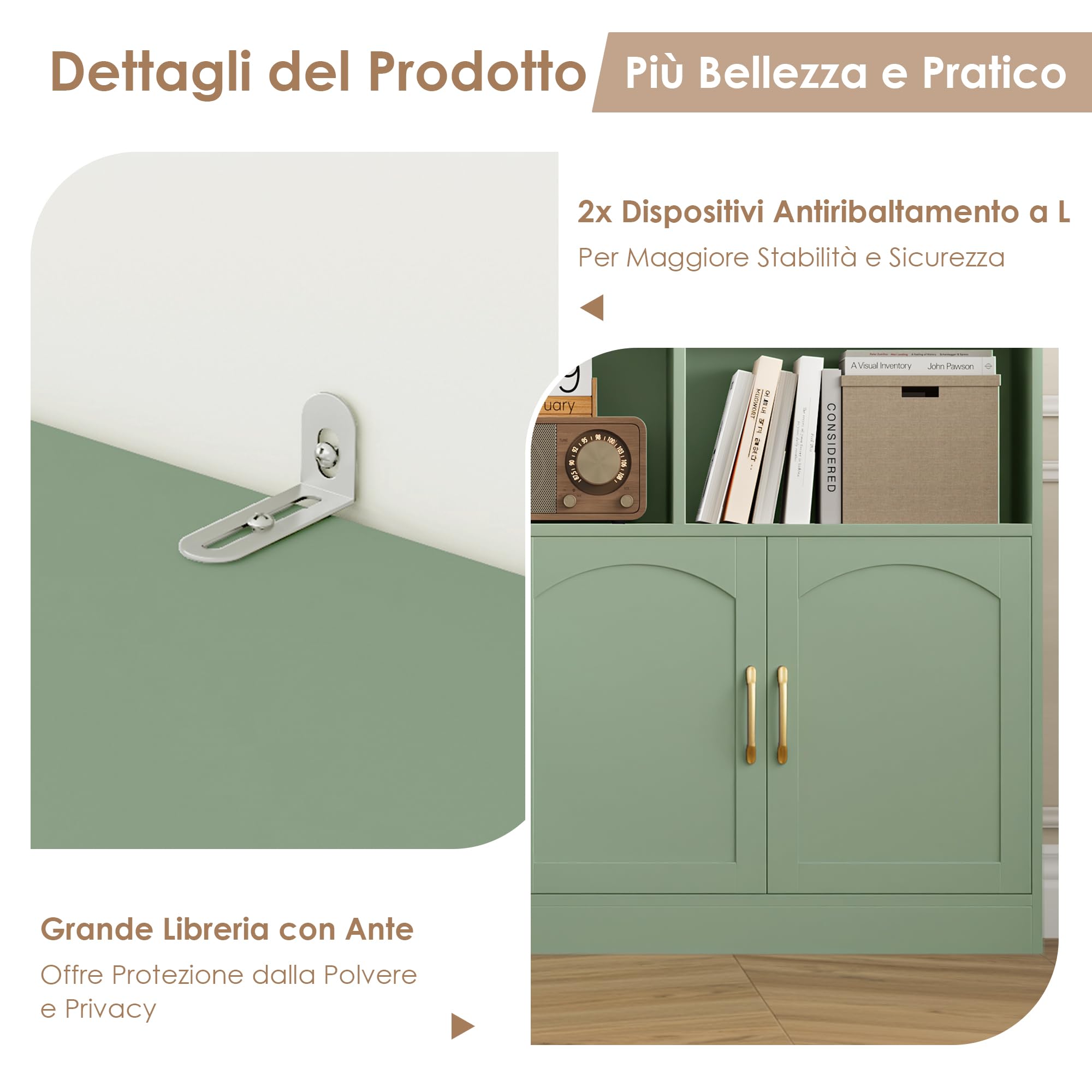 FirFurd 209 cm Libreria Verticale, Libreria da Parete a 4 Ante Verde | Vetrinetta Soggiorno a 15 Scomparti Aperti,Scaffale Portaoggetti Ampio Spazio,per Studio, Ufficio, Soggiorno,150x23.7x209cm